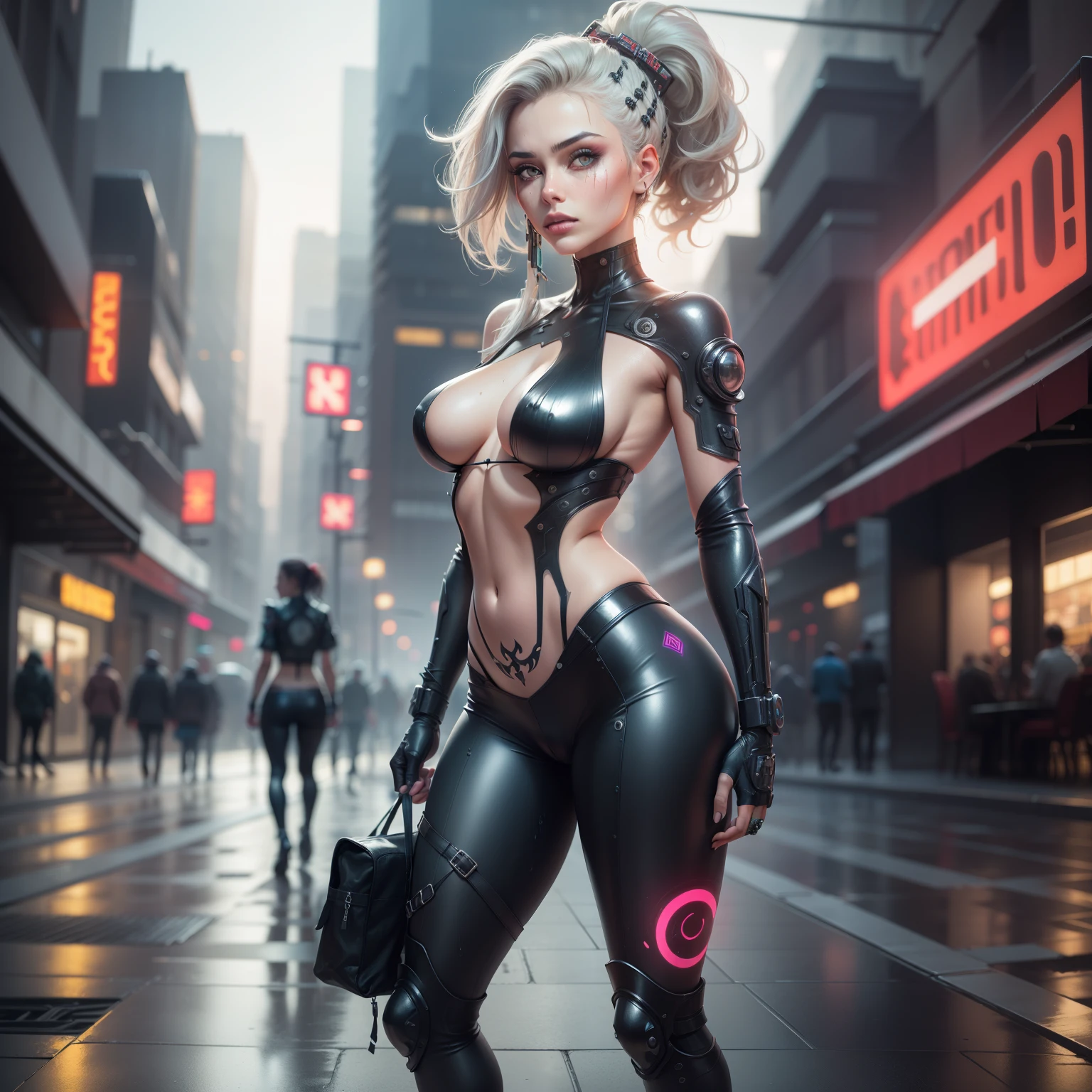 ((Josan Gonzalez's cyberpunk art technique)), (Art inspivermelho by the technique of Charles Lavesso) ,((Melhor obra-prima do mundo)), arte rica em cores, ((realismo)), (Mulher brasileira), (garota extremamente linda: 1.2), maduro, mulher sexy, (Corpo todo), (garota seminua), pose sexy, (clear face), (one eye is bionicle), (ponytail cabelo with variations), shaved and braided cabelo on the side, cabelo, loiro, preto, vermelho, random cabelo lock color, corpo perfeito, boca de morango com brilho, boca um pouco aberta, symmetrical eyes, Olhar sedutor, lindos olhos ultra detalhados e com brilho, perfect hands with 4 fingers and a thumb, full and rounded buttocks mid- and laterally, Brazilian Trend Ass, seios pequenos e redondos, and protruding areolas), (pubic cabelo barely visible), piercing no umbigo, tatuagens no corpo, estilo de tatuagem Irezumi, cintura fina, pele bronzeada, bikini marks on pele bronzeada, pele metehumam, Hyper detailed skin with visible pores, small discolovermelho body cabelos, bionicle, legging, (transparent crystal plastic top: 1.2), (transparent plastic bag), (transparent crystal plastic fabric), molhado de suor, (see through the fabric), Jaqueta estilo Cyber Punk, sapato de salto alto, cidade noturna de Cyber Punk, fundo noturno extremamente detalhado: 1.4)), cyber punk andando npcs, bicicletas esportivas estacionadas, (outdoors: 1.2), cobertura de vidro, disco, beco, praia, Paisagem, Neon, wet floor, efeito de brilho, (8k resolution: 1.2), (Canon EOS R6), art season trend, Lumen[, Afiado, Irreal 5, arte fotorrealista, rastreamento de raios, (High dynamic range 10 plus), Surrealismo, Sombra, estereograma, Luz de reflexo de lente, (hyper realistic light and Sombra: 1.2) ;