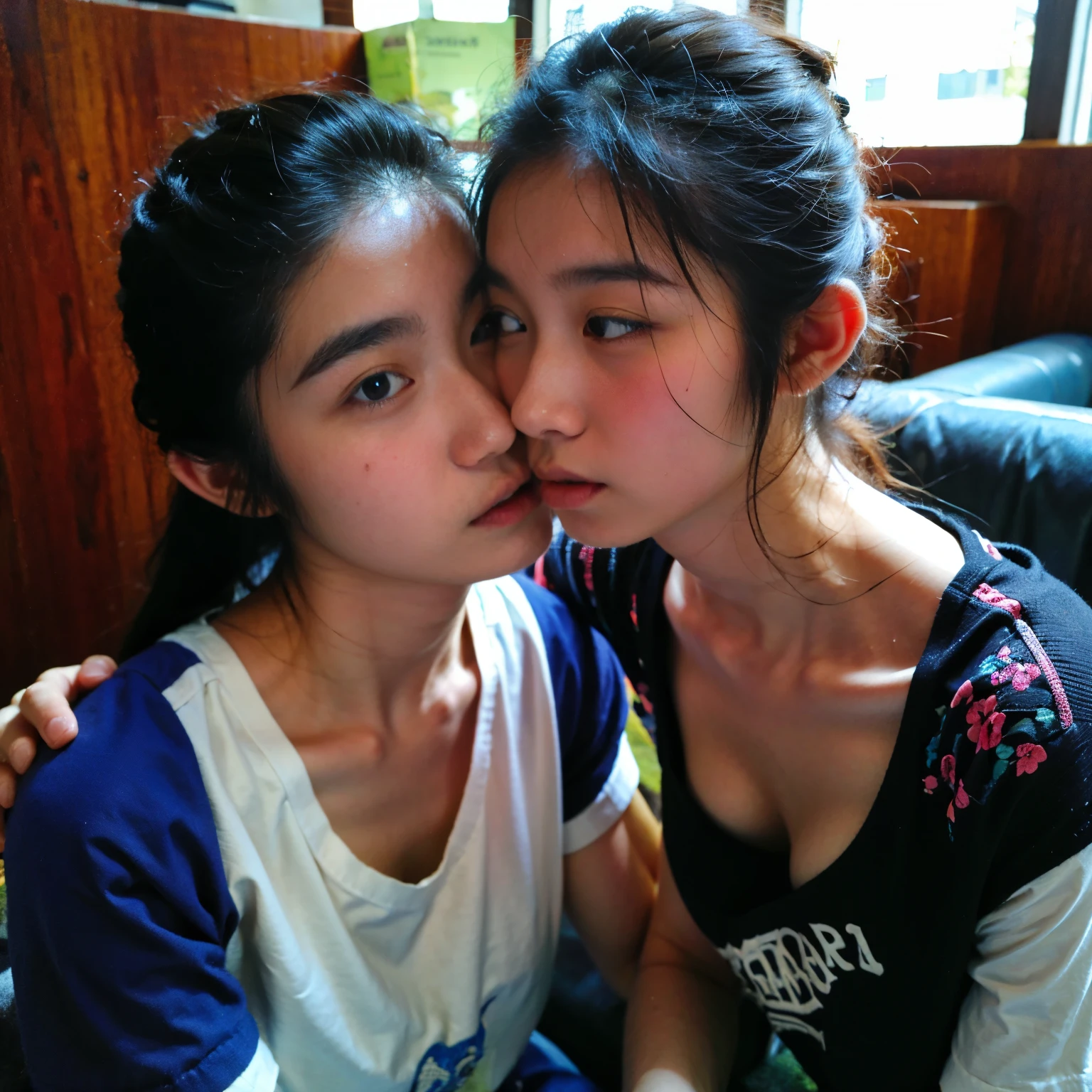(In 4K、RAW photo、highest quality、High resolution:1.1)、(genuine、photogenuine:1.2)、Japanese、identical twin sisters、alone、focus of the eye、blue eyes:1.3)、(fineness of skin:1.3)、parted lips、long eyelashes、(I'm going to kiss you:1.5)、Breasts F/1.2、