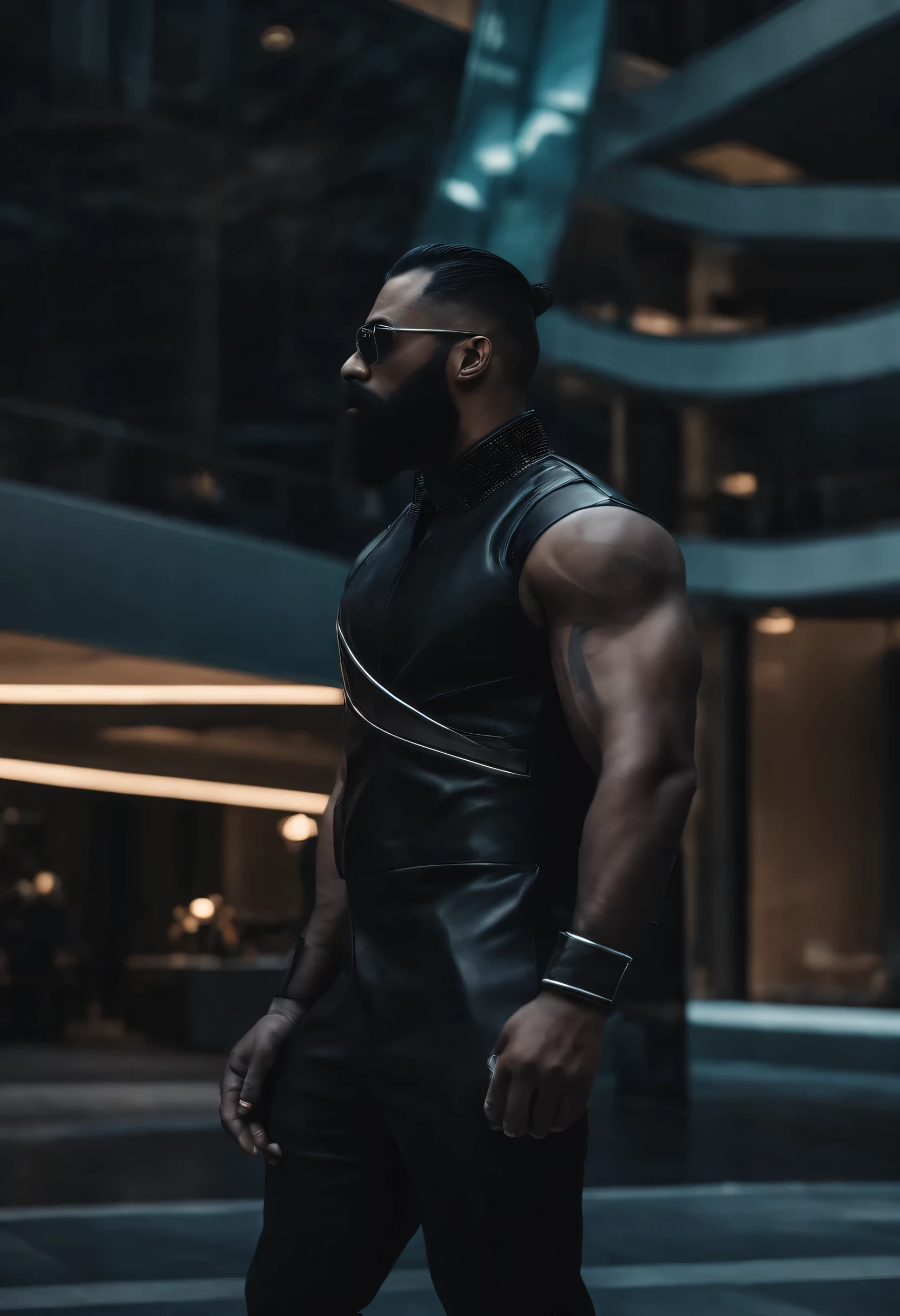 handsome black man with medium length braids flowing back in a sci fi location