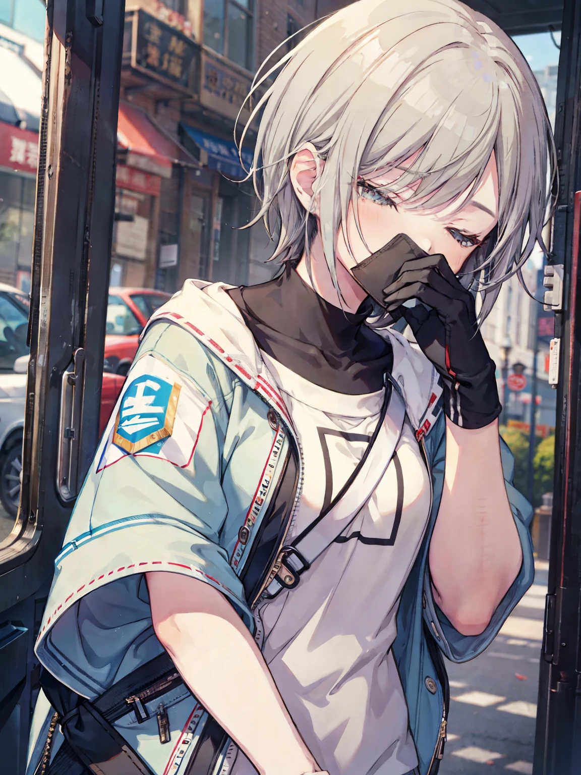 (masterpiece), short hair, grey hair, small breasts, hinomori shiho, tomboy, shiho_h, ((((The girl covers her face with her palm to avoid smelling the smell.)))) , 1girl ,covering face with hand,covering all face with hand,one eye closed, winking eye,half closed eye, wearing cloth, frownimg  eyebrow, (((Scene where a girl covers her nose with her hand))))
