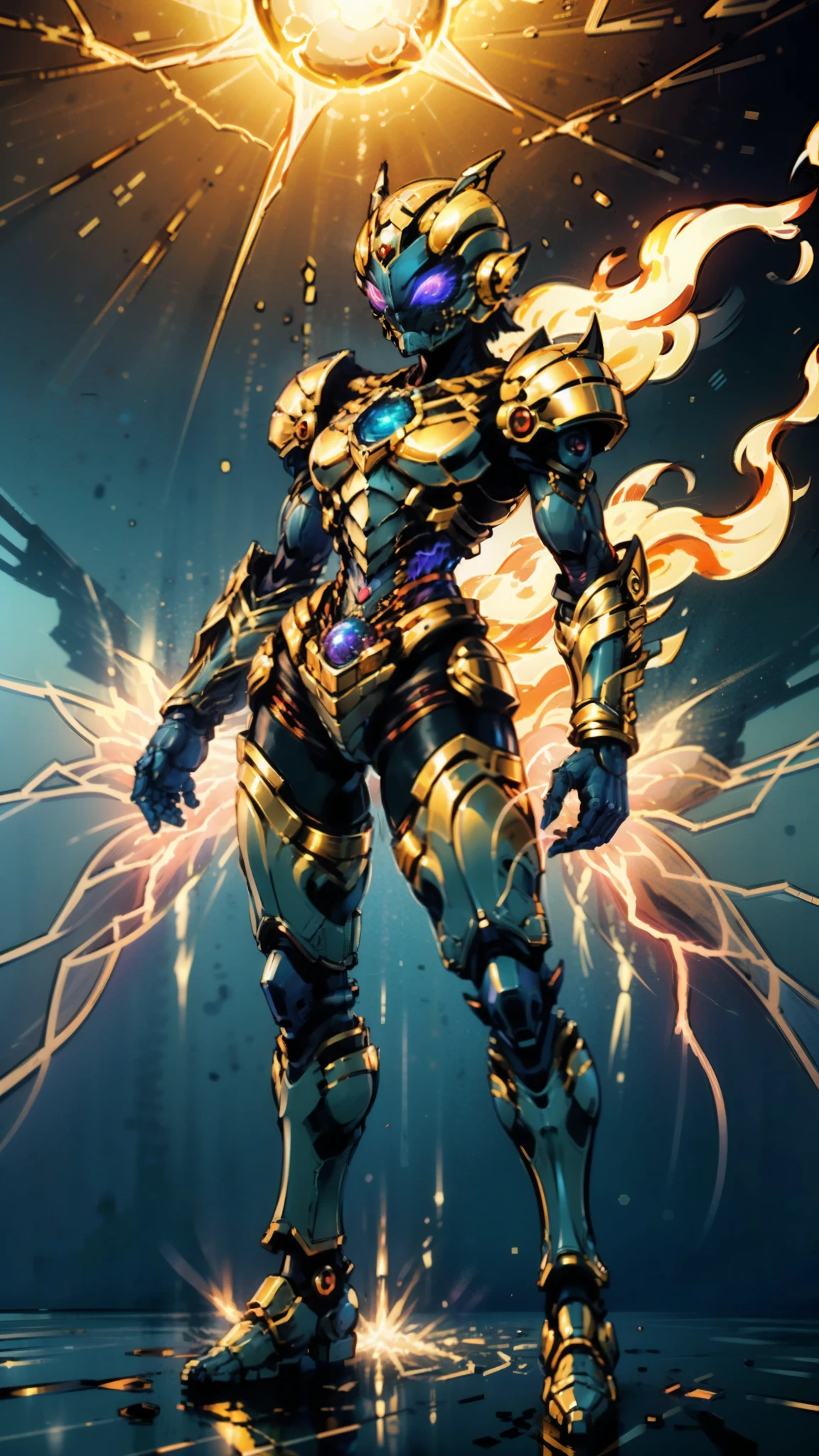 A woman adorned in fantasy-style full-body armor, a crown-concept fully enclosed helmet that unveils only her eyes, a composite layered chest plate, fully encompassing shoulder and hand guards, a lightweight waist armor, form-fitting shin guards, the overall design is heavy-duty yet flexible, ((the armor gleams with a golden glow, complemented by red and blue accents)), exhibiting a noble aura, she floats above a fantasy-surreal high-tech city, this character embodies a finely crafted fantasy-surreal style armored hero in anime style, exquisite and mature manga art style, (Queen bee mixed with Spider concept Armor, plasma, blood), ((Element, energy, elegant, goddess, femminine:1.5)), metallic, high definition, best quality, highres, ultra-detailed, ultra-fine painting, extremely delicate, professional, anatomically correct, symmetrical face, extremely detailed eyes and face, high quality eyes, creativity, RAW photo, UHD, 32k, Natural light, cinematic lighting, masterpiece-anatomy-perfect, masterpiece:1.5