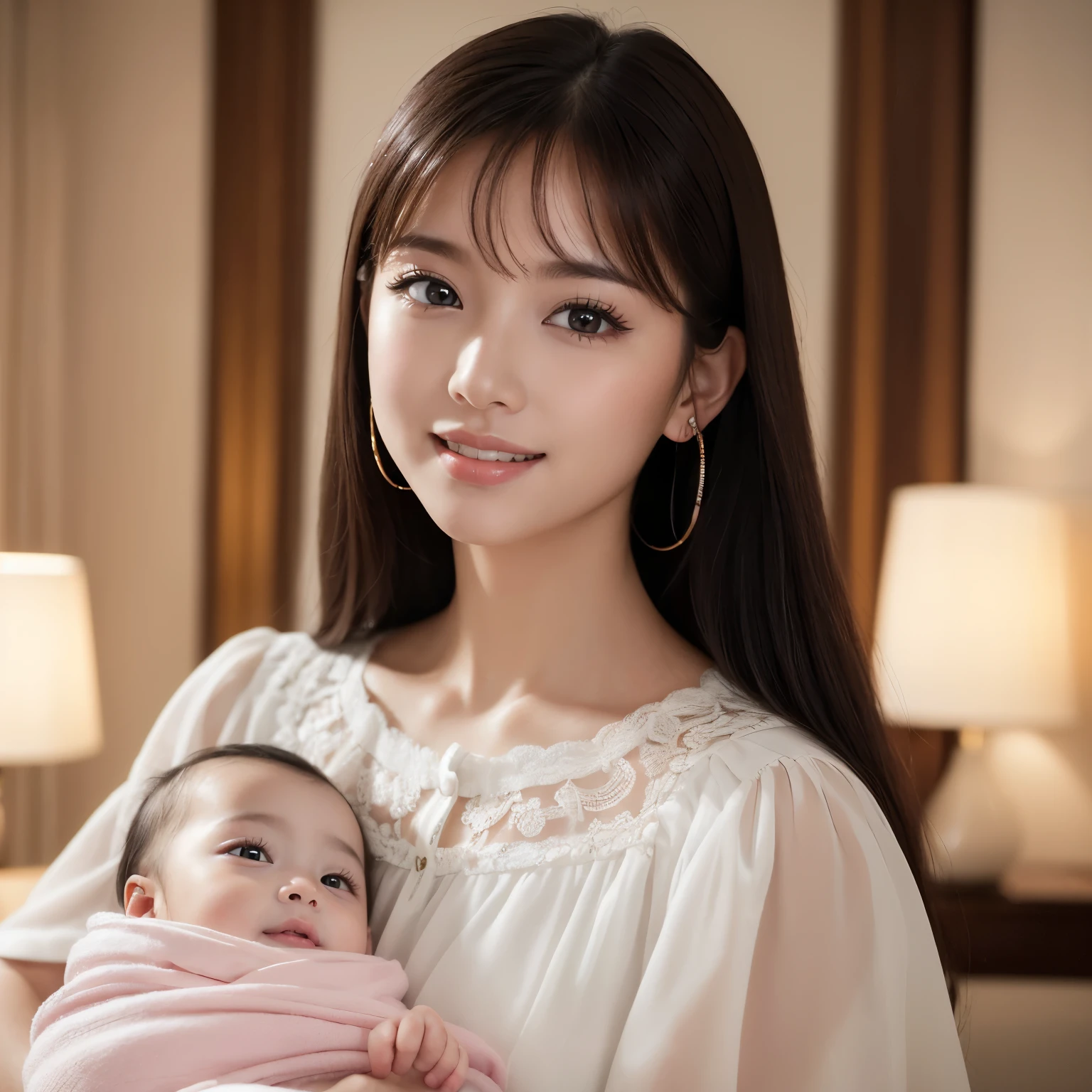 (highest quality、table top、8k、best image quality、Award-winning work)、(a woman holding a :1.1)、(Mother and baby)、(The most natural and perfect baby face:1.2)、(The most accurate and detailed baby face:1.2)、(perfect baby body:1.1)、(Close-up of woman and baby's face:1.2)、ultra high definition hair、Super high definition perfect beautiful teeth、the biggest smile looking at me、Ultra high definition beauty face、ultra high definition hair、Super high-definition sparkling eyes、Shining ultra-high definition white skin、Super high resolution glossy lips、(accurate anatomy:1.1)、(perfect most classy tops:1.1)、Strongly blurred luxury hotel bedroom background、(Strongly blurred background:1.1)