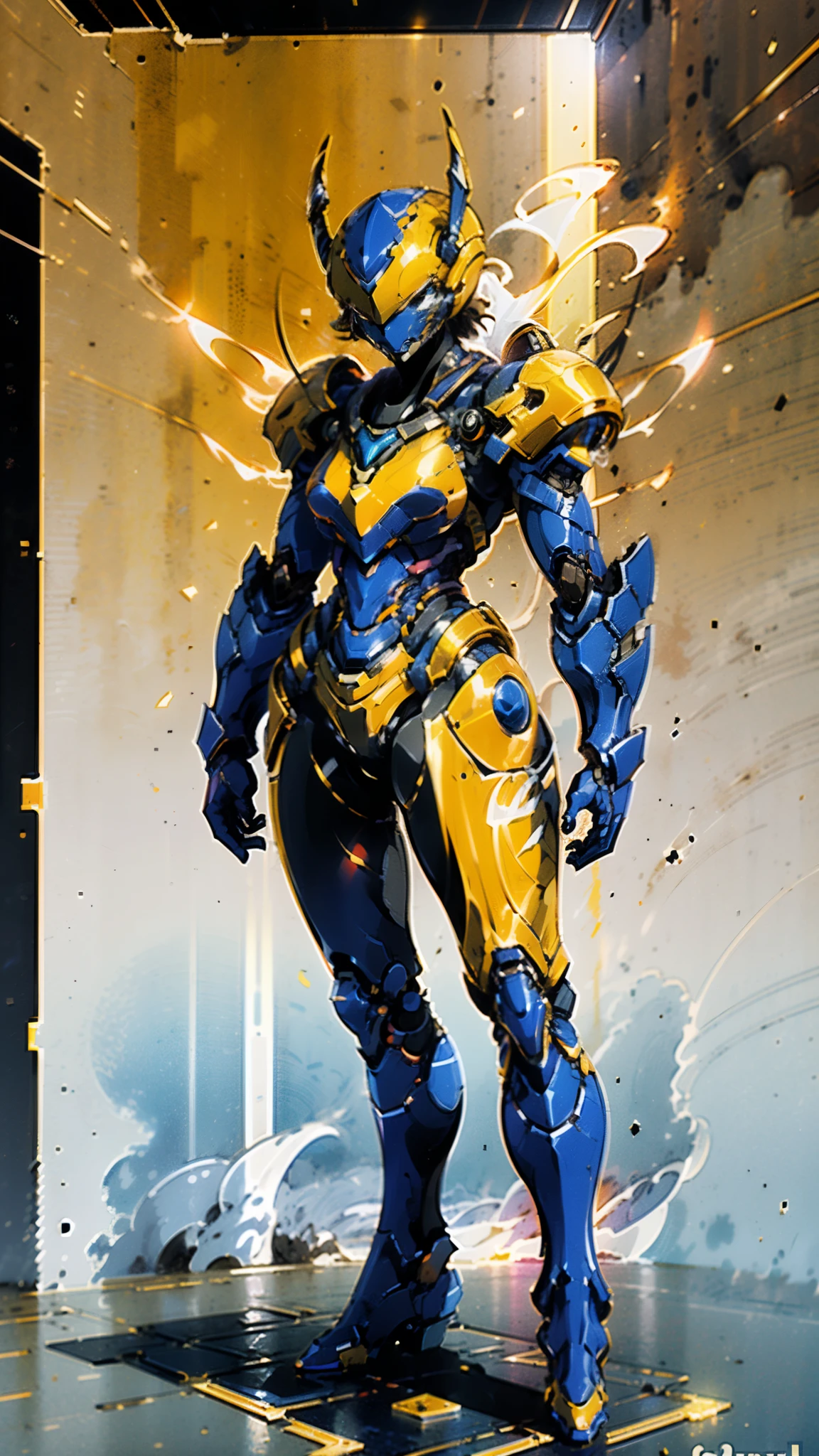 A woman adorned in fantasy-style full-body armor, a crown-concept fully enclosed helmet that unveils only her eyes, a composite layered chest plate, fully encompassing shoulder and hand guards, a lightweight waist armor, form-fitting shin guards, the overall design is heavy-duty yet flexible, ((the armor gleams with a golden glow, complemented by red and blue accents)), exhibiting a noble aura, she floats above a fantasy-surreal high-tech city, this character embodies a finely crafted fantasy-surreal style armored hero in anime style, exquisite and mature manga art style, (Queen bee mixed with Spider concept Armor, plasma, blood), ((Element, energy, elegant, goddess, femminine:1.5)), metallic, high definition, best quality, highres, ultra-detailed, ultra-fine painting, extremely delicate, professional, anatomically correct, symmetrical face, extremely detailed eyes and face, high quality eyes, creativity, RAW photo, UHD, 32k, Natural light, cinematic lighting, masterpiece-anatomy-perfect, masterpiece:1.5