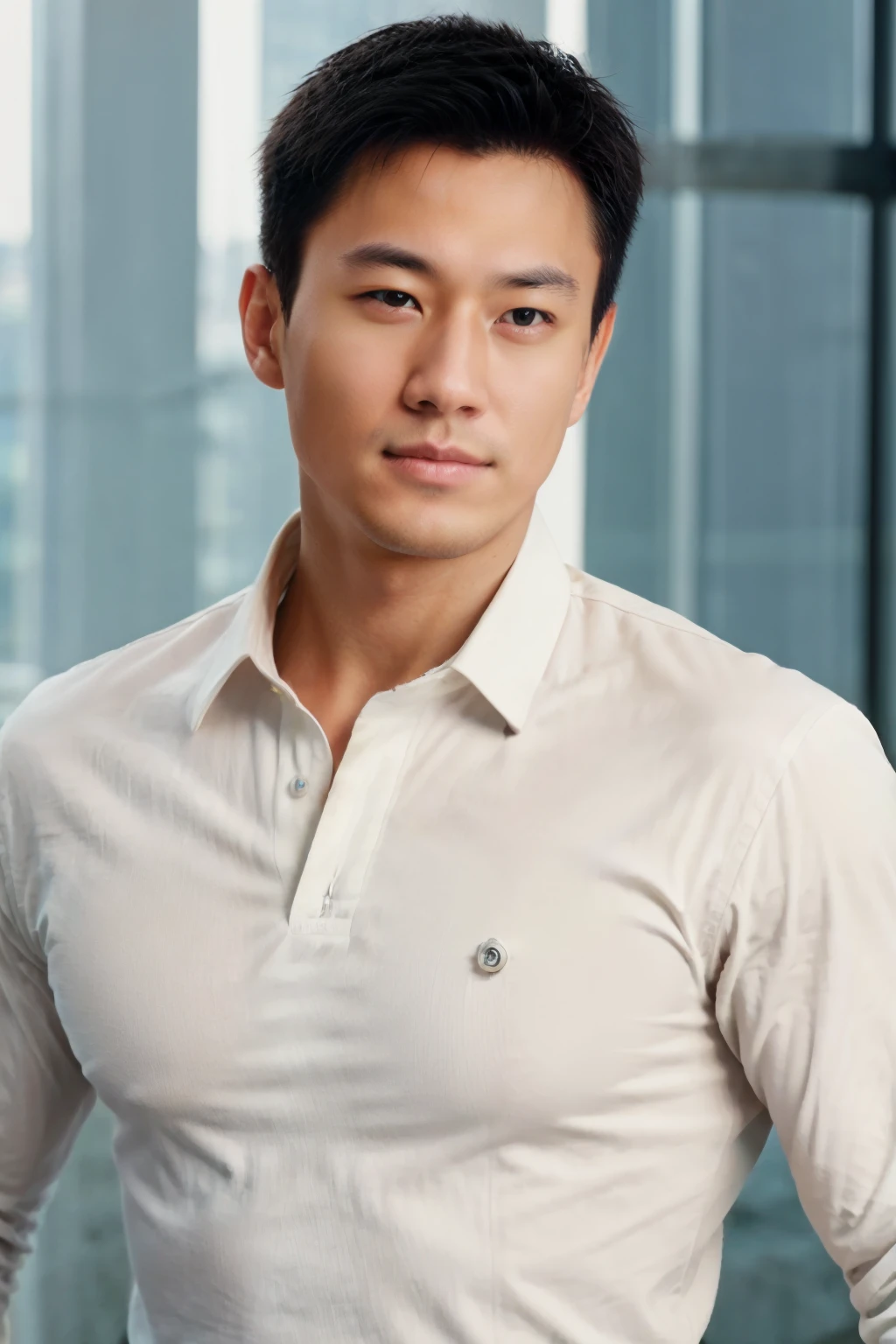 One Man、30 year old muscular man in long sleeve white shirt and tie、Wearing leather shoes、from the chest up、Soft lighting、masterpiece、top-quality、8k UHD、Digital SLR、Film particles、Photorealistic pictorial art of Fujifilm XT3 by Midjourney and Greg Rutkowski