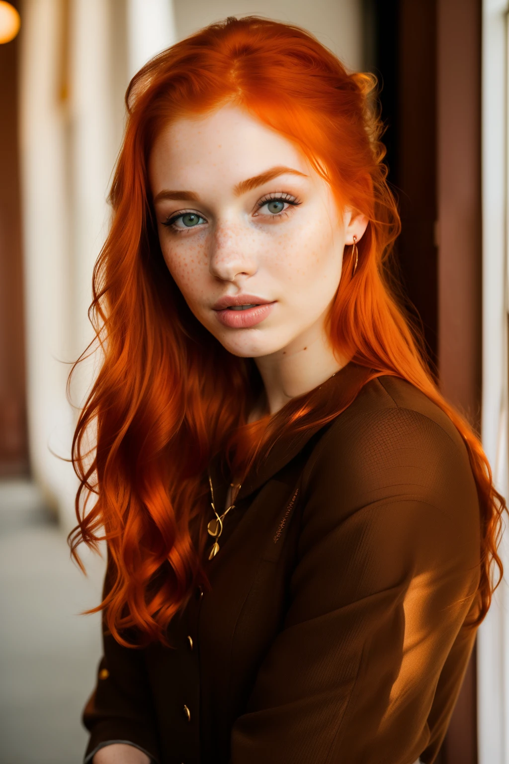 there is a woman with red hair posing for a picture, portrait sophie mudd, redhead girl, red hair and freckles, a redheaded young woman, redhead woman, beautiful redhead woman, with freckles, stunning portrait, ginger hair with freckles, high quality portrait, gorgeous portrait, anna nikonova aka newmilky, portrait of a beautiful model, red haired young woman
