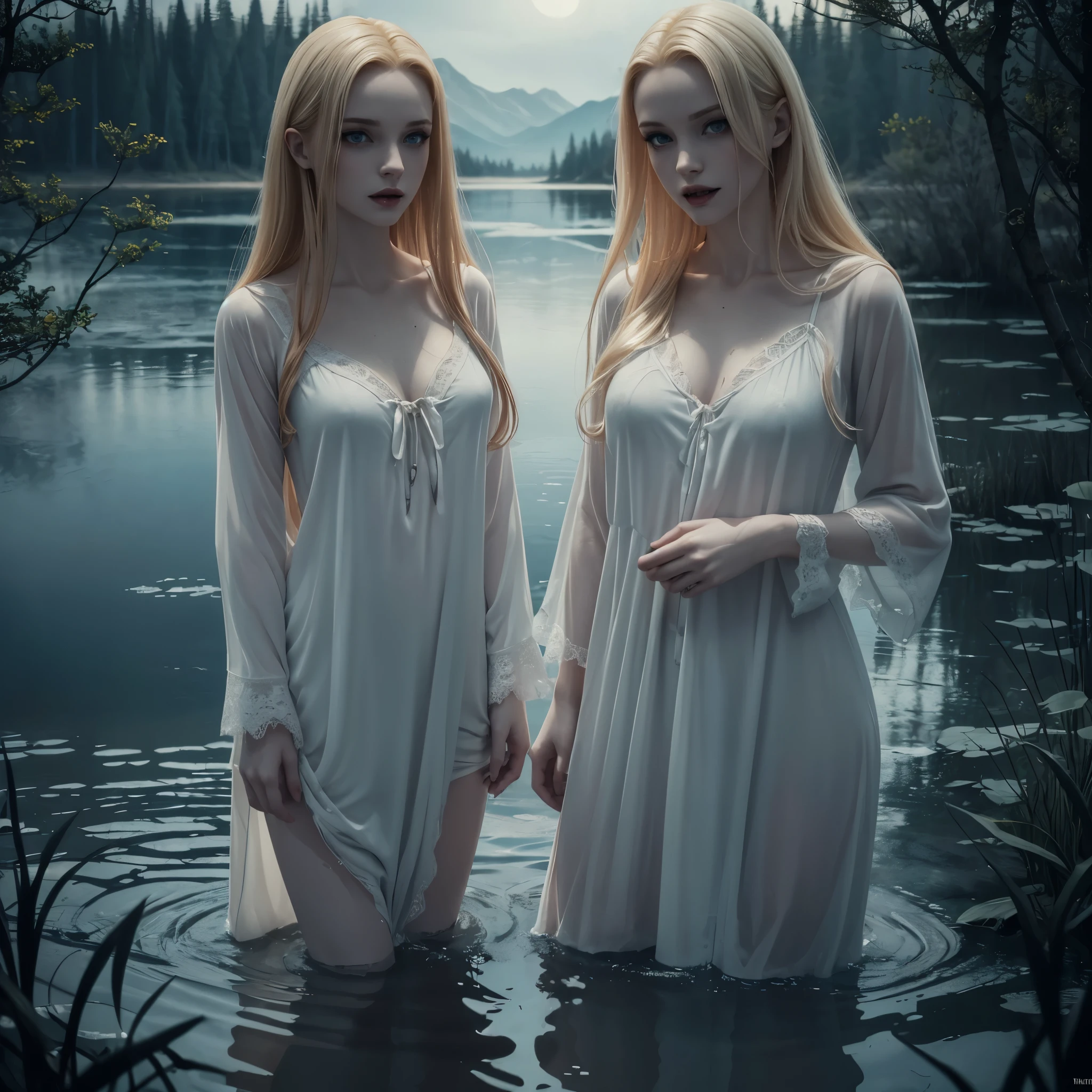 ((Night)) ((a deserted lake)) 3 Vampire women, (full body), full frontal,1 blonde, 1 brunette, 1 redhead, pale skin, fangs bared, sexy pale nightgown, looking at viewer, rises out of the water, soaking wet. style of a painted book illustration, dramatic lighting, (depth of field), ((masterpiece)), ((best quality)), ((highly detailed))