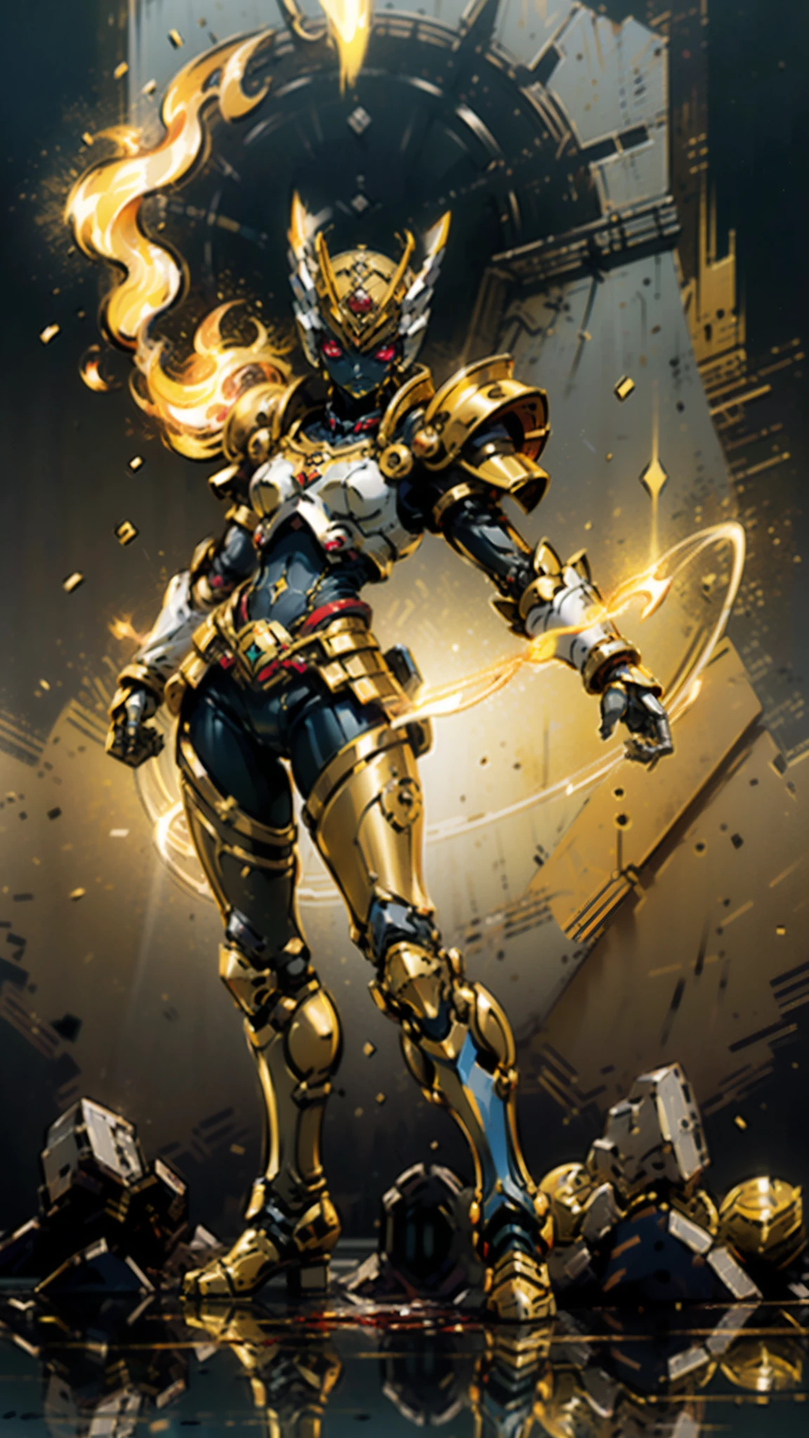 A woman adorned in fantasy-style full-body armor, a crown-concept fully enclosed helmet that unveils only her eyes, a composite layered chest plate, fully encompassing shoulder and hand guards, a lightweight waist armor, form-fitting shin guards, the overall design is heavy-duty yet flexible, ((the armor gleams with a golden glow, complemented by red and blue accents)), exhibiting a noble aura, she floats above a fantasy-surreal high-tech city, this character embodies a finely crafted fantasy-surreal style armored hero in anime style, exquisite and mature manga art style, (Queen bee mixed with Spider concept Armor, plasma, blood), ((Element, energy, elegant, goddess, femminine:1.5)), metallic, high definition, best quality, highres, ultra-detailed, ultra-fine painting, extremely delicate, professional, anatomically correct, symmetrical face, extremely detailed eyes and face, high quality eyes, creativity, RAW photo, UHD, 32k, Natural light, cinematic lighting, masterpiece-anatomy-perfect, masterpiece:1.5