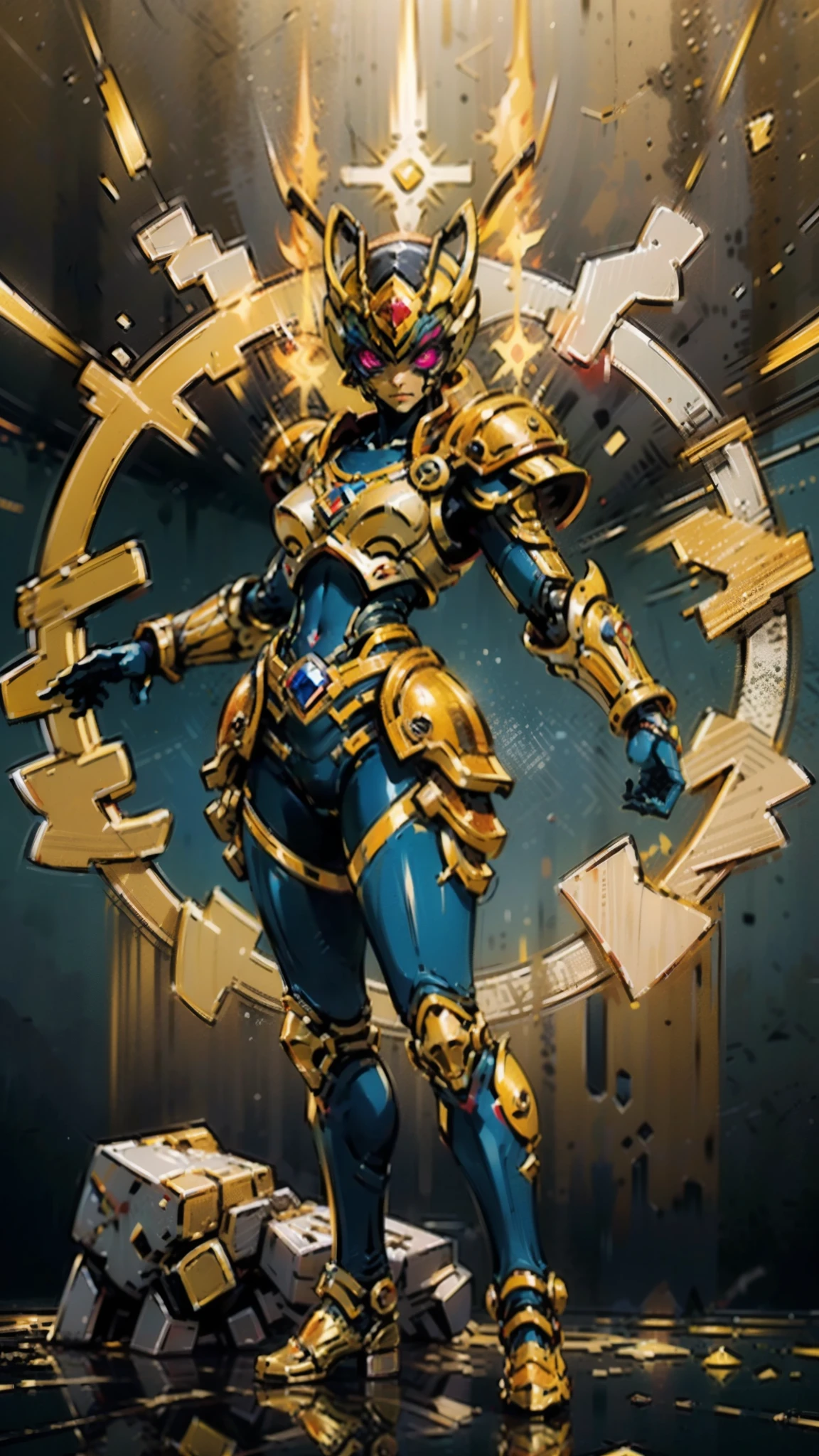 A woman adorned in fantasy-style full-body armor, a crown-concept fully enclosed helmet that unveils only her eyes, a composite layered chest plate, fully encompassing shoulder and hand guards, a lightweight waist armor, form-fitting shin guards, the overall design is heavy-duty yet flexible, ((the armor gleams with a golden glow, complemented by red and blue accents)), exhibiting a noble aura, she floats above a fantasy-surreal high-tech city, this character embodies a finely crafted fantasy-surreal style armored hero in anime style, exquisite and mature manga art style, (Queen bee mixed with Spider concept Armor, plasma, blood), ((Element, energy, elegant, goddess, femminine:1.5)), metallic, high definition, best quality, highres, ultra-detailed, ultra-fine painting, extremely delicate, professional, anatomically correct, symmetrical face, extremely detailed eyes and face, high quality eyes, creativity, RAW photo, UHD, 32k, Natural light, cinematic lighting, masterpiece-anatomy-perfect, masterpiece:1.5