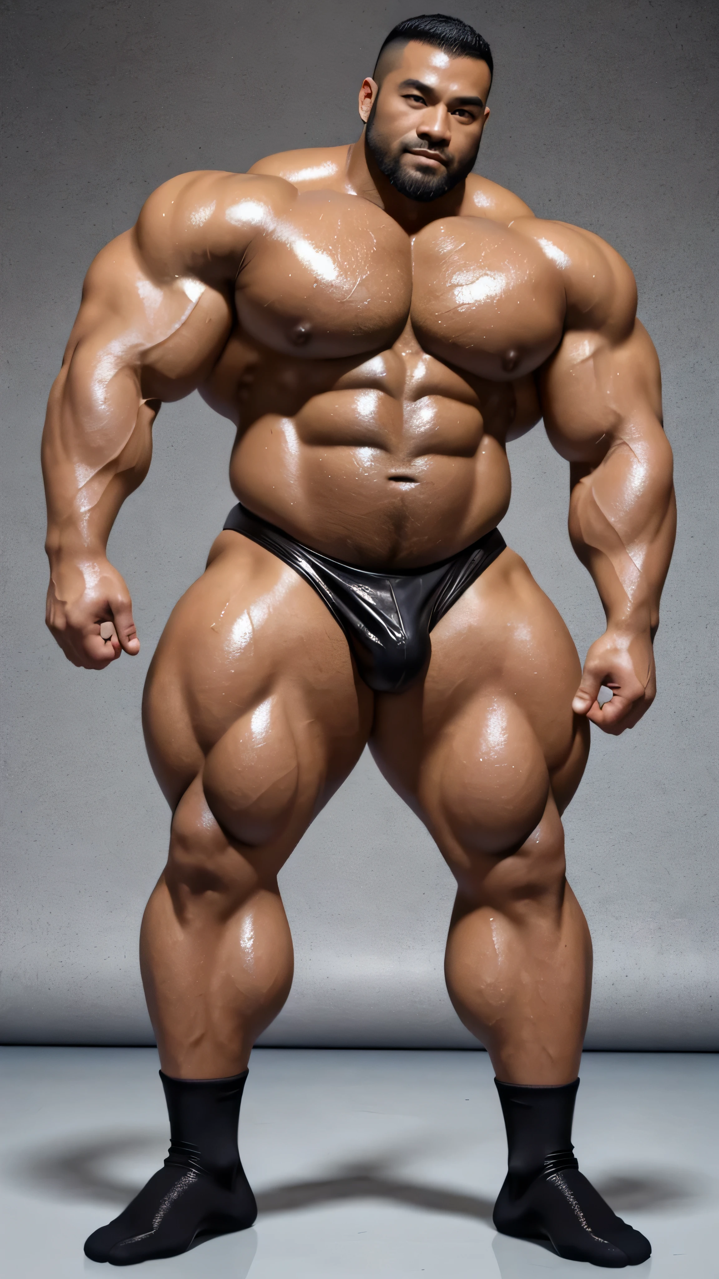 一位中国bodybuilding运动员,30 years old,High, bodybuilding,short hair, O-shaped beard,Perfect body, Dark and shiny complexion,Muscle bulge, muscular, Very big pecs,Very y abs,Leg muscles are very developed,Tall and handsome,Huge bumpy area,Brighten oily skin,Wearing a gold leather shiny thong,handsome face,Detailed facial features, Correct and accurate male anatomy, full-body shot, Large pecs, Wet oil wax gloss for oily muscles and skin,wear black socks,standing in front of gray background board。