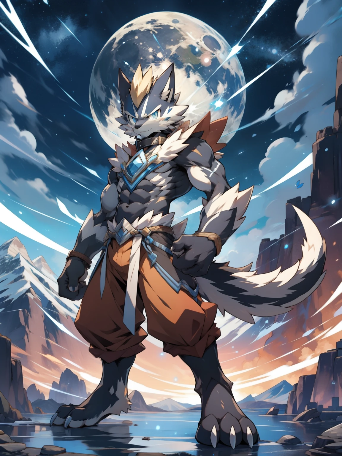 alone, hairy, zero, Pokemon, hairy, blonde hair, Yellow face, blue eyes, male, young, juvenile, clear eyes, a beautiful face, long legs, High, perfect anatomy, balance, japanese manga, Scene style, ,upper body exposed, exposed, collar, not wearing clothes, thunder and lightning, thunder, night, moon, Mountain, Handsome, stand, Combat stance, toe claws, a tail, 3 toes, 4 fingers, 8k, nj5hairy, (light particles),(best quality),(masterpiece),(super detailed), High light, shadow