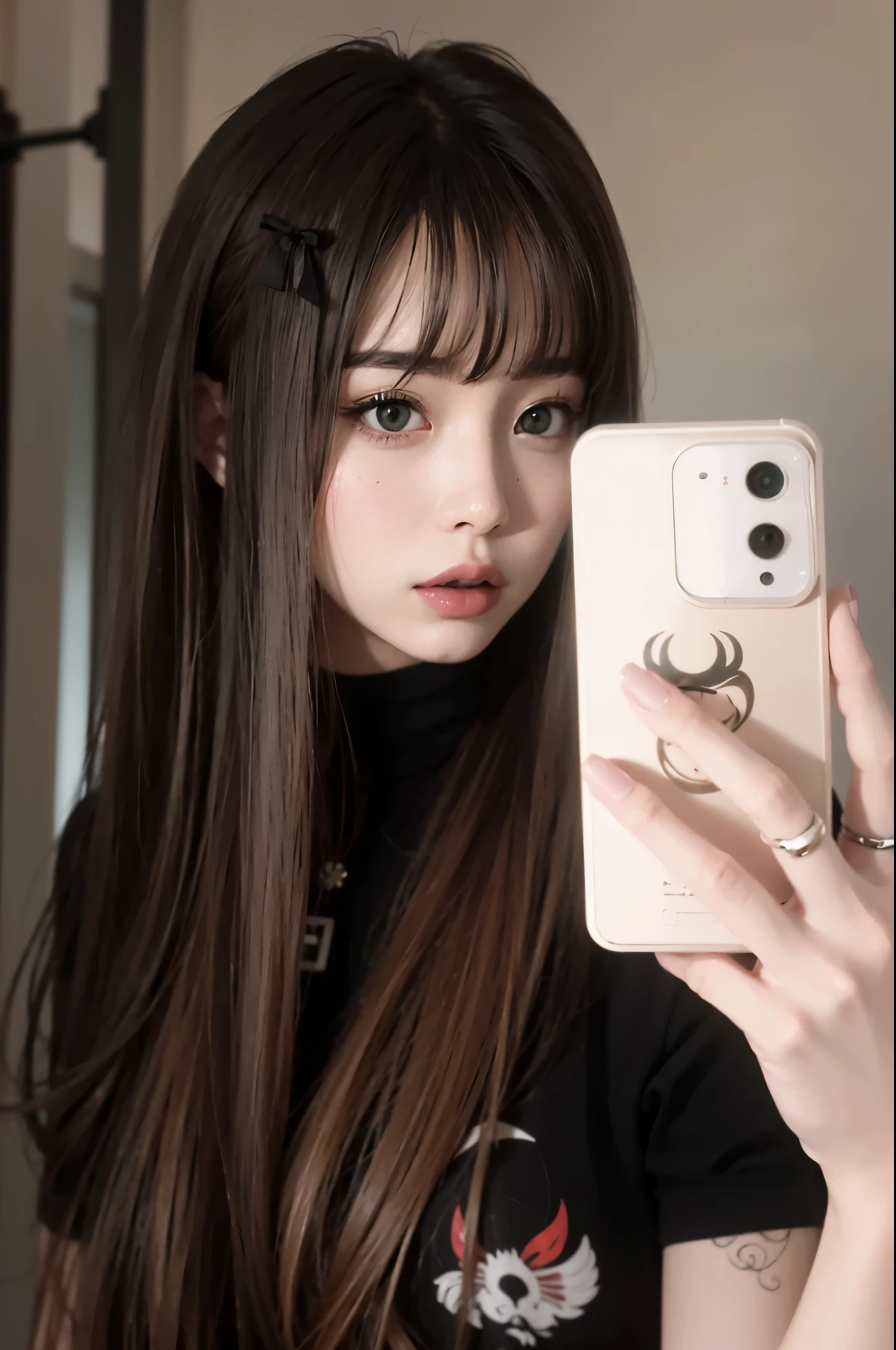 There is a woman taking a selfie with her phone, obra de arte al estilo de guweiz, estilo anime realista 3d, Retrato realista kawaii, estilo animado. 8K, realistic anime art style, ulzzang, ig model | germen de arte, fotorrealista anime, realistic art style, fotorrealista!!!!!!! Estilo de Arte, realistic anime Estilo de Arte, estilo de realismo anime