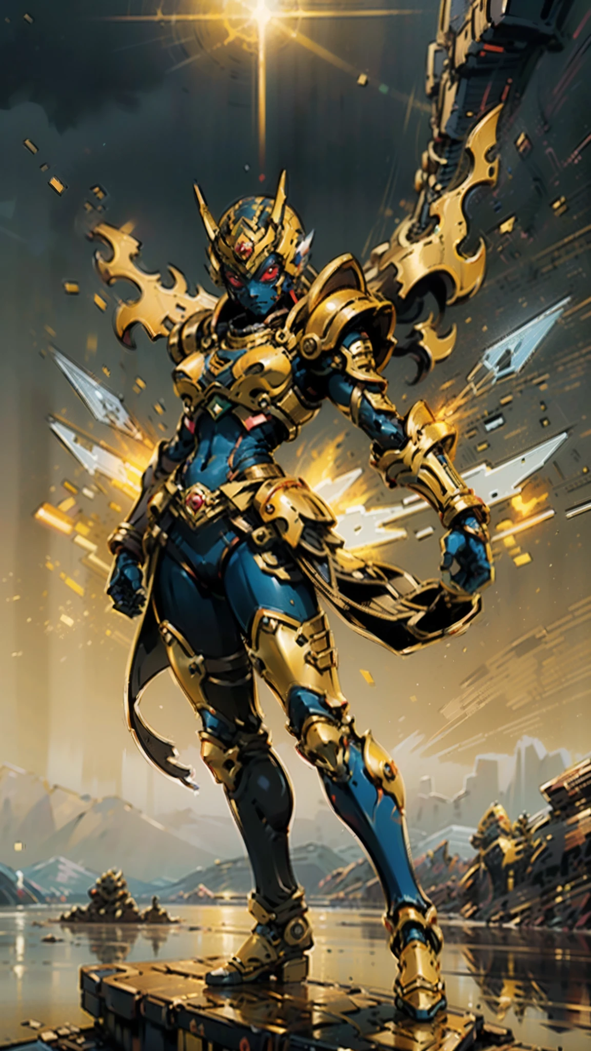 A woman adorned in fantasy-style full-body armor, a crown-concept fully enclosed helmet that unveils only her eyes, a composite layered chest plate, fully encompassing shoulder and hand guards, a lightweight waist armor, form-fitting shin guards, the overall design is heavy-duty yet flexible, ((the armor gleams with a golden glow, complemented by red and blue accents)), exhibiting a noble aura, she floats above a fantasy-surreal high-tech city, this character embodies a finely crafted fantasy-surreal style armored hero in anime style, exquisite and mature manga art style, (Queen bee mixed with Spider concept Armor, plasma, blood), ((Element, energy, elegant, goddess, femminine:1.5)), metallic, high definition, best quality, highres, ultra-detailed, ultra-fine painting, extremely delicate, professional, anatomically correct, symmetrical face, extremely detailed eyes and face, high quality eyes, creativity, RAW photo, UHD, 32k, Natural light, cinematic lighting, masterpiece-anatomy-perfect, masterpiece:1.5