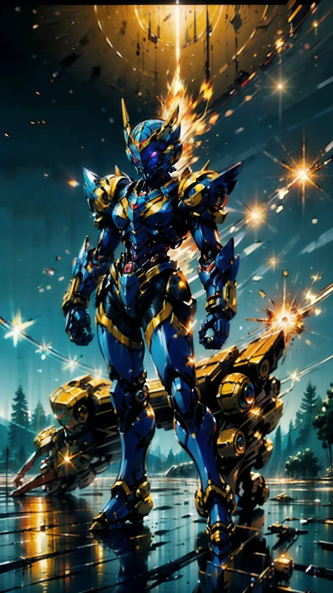 A woman adorned in fantasy-style full-body armor, a crown-concept fully enclosed helmet that unveils only her eyes, a composite layered chest plate, fully encompassing shoulder and hand guards, a lightweight waist armor, form-fitting shin guards, the overall design is heavy-duty yet flexible, ((the armor gleams with a golden glow, complemented by red and blue accents)), exhibiting a noble aura, she floats above a fantasy-surreal high-tech city, this character embodies a finely crafted fantasy-surreal style armored hero in anime style, exquisite and mature manga art style, (Queen bee mixed with Spider concept Armor, plasma, blood), ((Element, energy, elegant, goddess, femminine:1.5)), metallic, high definition, best quality, highres, ultra-detailed, ultra-fine painting, extremely delicate, professional, anatomically correct, symmetrical face, extremely detailed eyes and face, high quality eyes, creativity, RAW photo, UHD, 32k, Natural light, cinematic lighting, masterpiece-anatomy-perfect, masterpiece:1.5