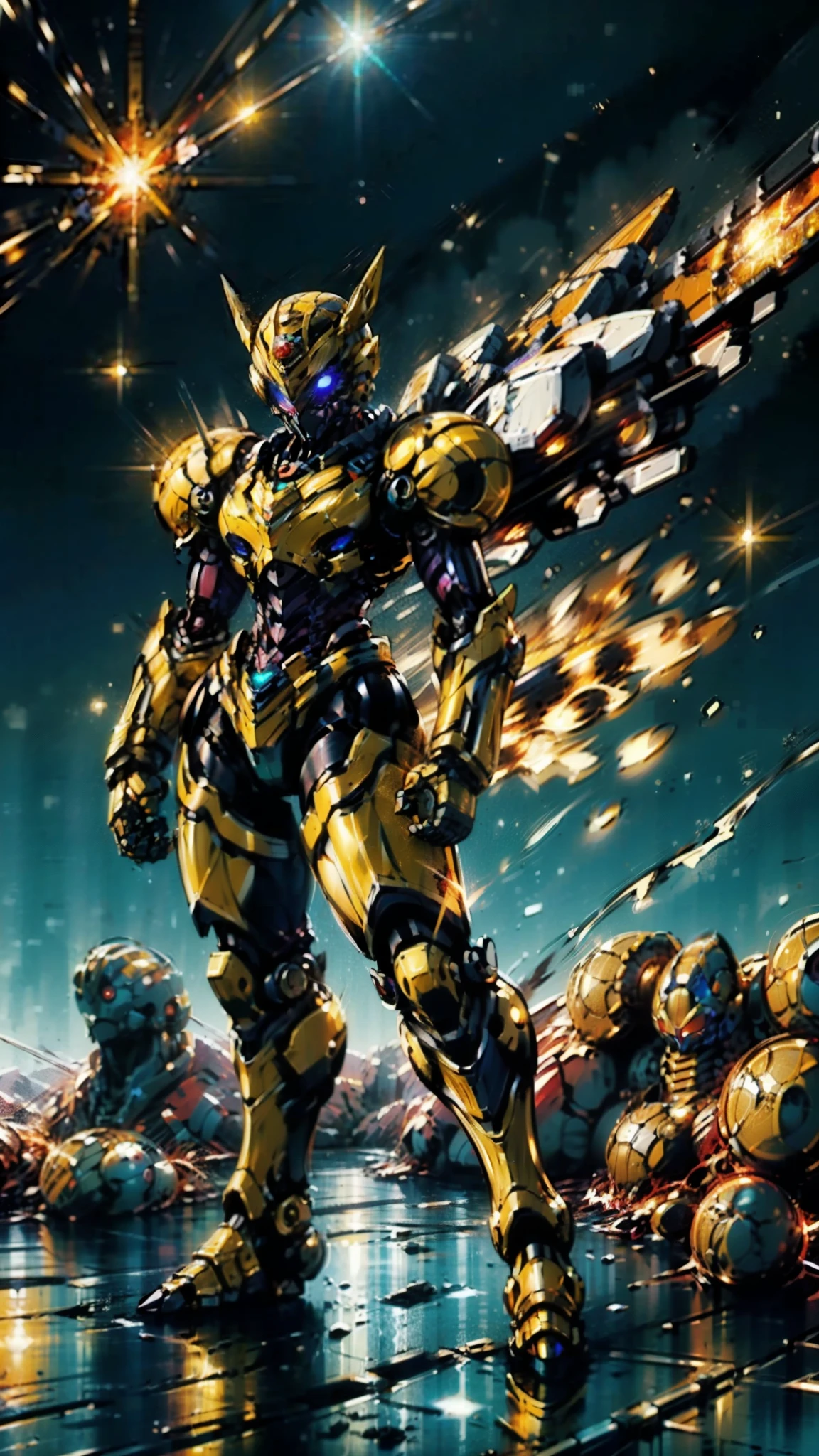 A woman adorned in fantasy-style full-body armor, a crown-concept fully enclosed helmet that unveils only her eyes, a composite layered chest plate, fully encompassing shoulder and hand guards, a lightweight waist armor, form-fitting shin guards, the overall design is heavy-duty yet flexible, ((the armor gleams with a golden glow, complemented by red and blue accents)), exhibiting a noble aura, she floats above a fantasy-surreal high-tech city, this character embodies a finely crafted fantasy-surreal style armored hero in anime style, exquisite and mature manga art style, (Queen bee mixed with Spider concept Armor, plasma, blood), ((Element, energy, elegant, goddess, femminine:1.5)), metallic, high definition, best quality, highres, ultra-detailed, ultra-fine painting, extremely delicate, professional, anatomically correct, symmetrical face, extremely detailed eyes and face, high quality eyes, creativity, RAW photo, UHD, 32k, Natural light, cinematic lighting, masterpiece-anatomy-perfect, masterpiece:1.5