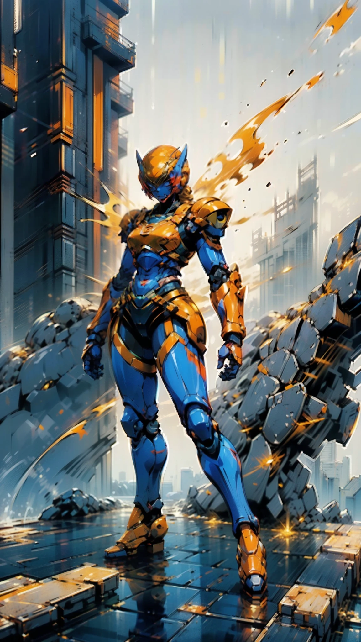 A woman adorned in fantasy-style full-body armor, a crown-concept fully enclosed helmet that unveils only her eyes, a composite layered chest plate, fully encompassing shoulder and hand guards, a lightweight waist armor, form-fitting shin guards, the overall design is heavy-duty yet flexible, ((the armor gleams with a golden glow, complemented by red and blue accents)), exhibiting a noble aura, she floats above a fantasy-surreal high-tech city, this character embodies a finely crafted fantasy-surreal style armored hero in anime style, exquisite and mature manga art style, (Queen bee mixed with Spider concept Armor, plasma, blood), ((Element, energy, elegant, goddess, femminine:1.5)), metallic, high definition, best quality, highres, ultra-detailed, ultra-fine painting, extremely delicate, professional, anatomically correct, symmetrical face, extremely detailed eyes and face, high quality eyes, creativity, RAW photo, UHD, 32k, Natural light, cinematic lighting, masterpiece-anatomy-perfect, masterpiece:1.5