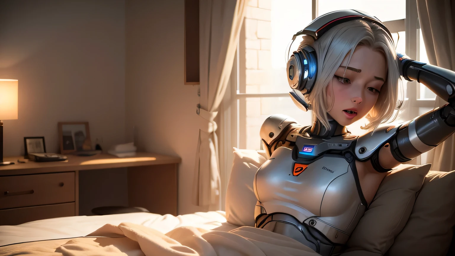 Female robot wakes up in the morning and wakes up the upper body. Vehicle body with exposed machinery Raise your arms and yawn Morning light shines into the bedroom