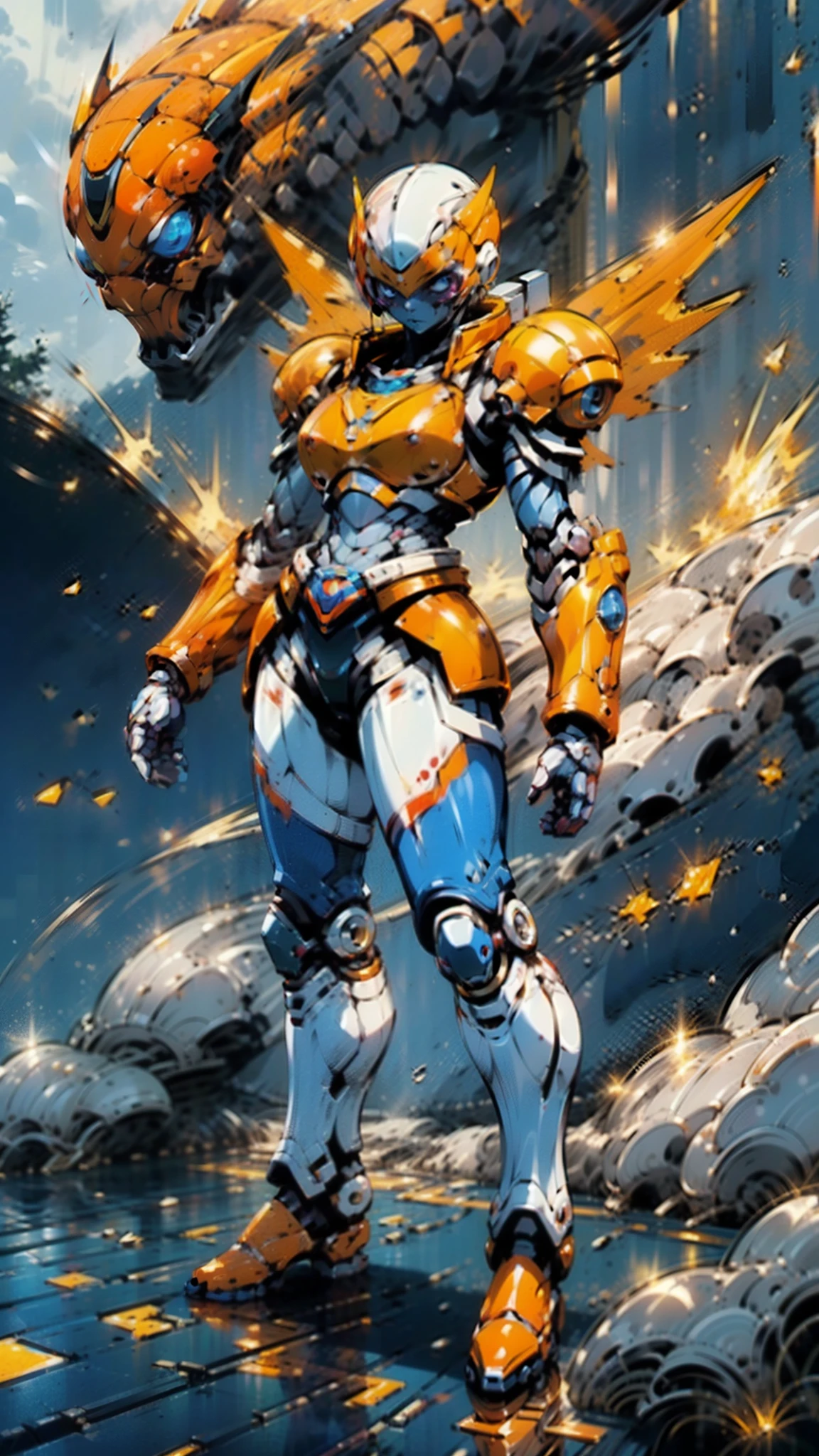 A woman adorned in fantasy-style full-body armor, a crown-concept fully enclosed helmet that unveils only her eyes, a composite layered chest plate, fully encompassing shoulder and hand guards, a lightweight waist armor, form-fitting shin guards, the overall design is heavy-duty yet flexible, ((the armor gleams with a golden glow, complemented by red and blue accents)), exhibiting a noble aura, she floats above a fantasy-surreal high-tech city, this character embodies a finely crafted fantasy-surreal style armored hero in anime style, exquisite and mature manga art style, (Queen bee mixed with Spider concept Armor, plasma, blood), ((Element, energy, elegant, goddess, femminine:1.5)), metallic, high definition, best quality, highres, ultra-detailed, ultra-fine painting, extremely delicate, professional, anatomically correct, symmetrical face, extremely detailed eyes and face, high quality eyes, creativity, RAW photo, UHD, 32k, Natural light, cinematic lighting, masterpiece-anatomy-perfect, masterpiece:1.5