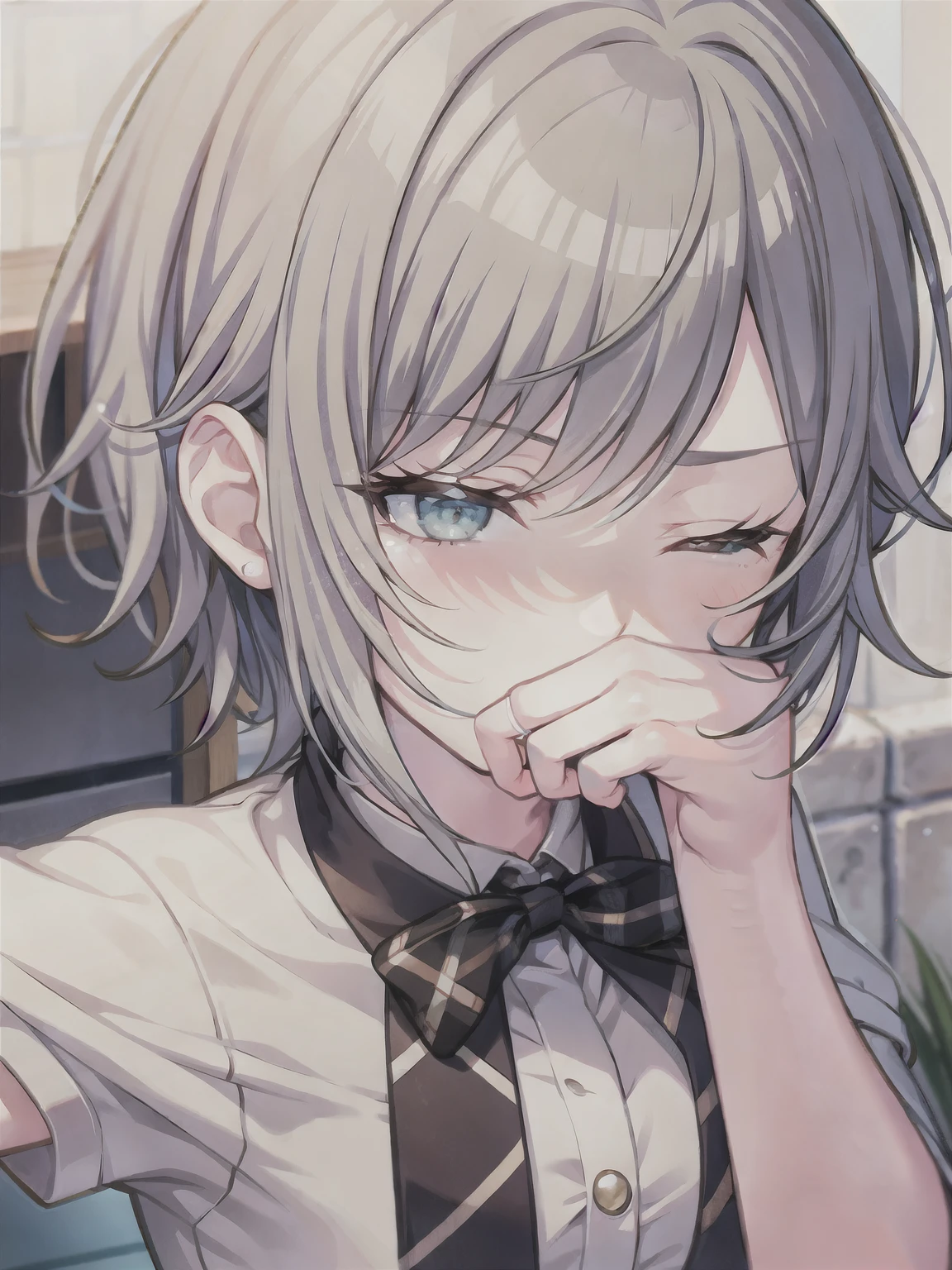 (masterpiece), short hair, grey hair, small breasts, hinomori shiho, tomboy, shiho_h, ((((The girl covers her face with her palm to avoid smelling the smell.)))) , 1girl ,covering face with hand,covering all face with hand,one eye closed, winking eye,half closed eye, wearing cloth, frownimg  eyebrow, (((Scene where a girl covers her nose with her hand))))
