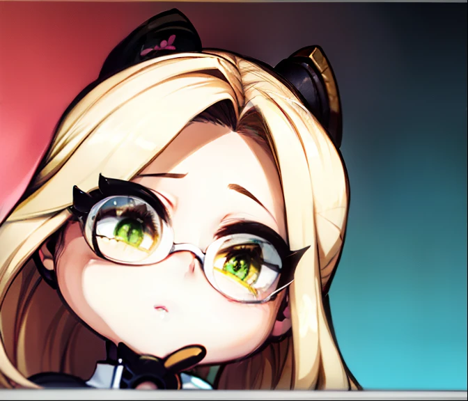 Blonde hair, pink pigtails, green eyes, long eyelashes,juicy lips, glasses