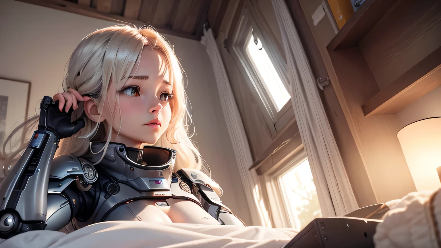 Female robot wakes up in the morning and wakes up the upper body.　Vehicle body with exposed machinery　Raise your arms and yawn　Morning light shines into the bedroom