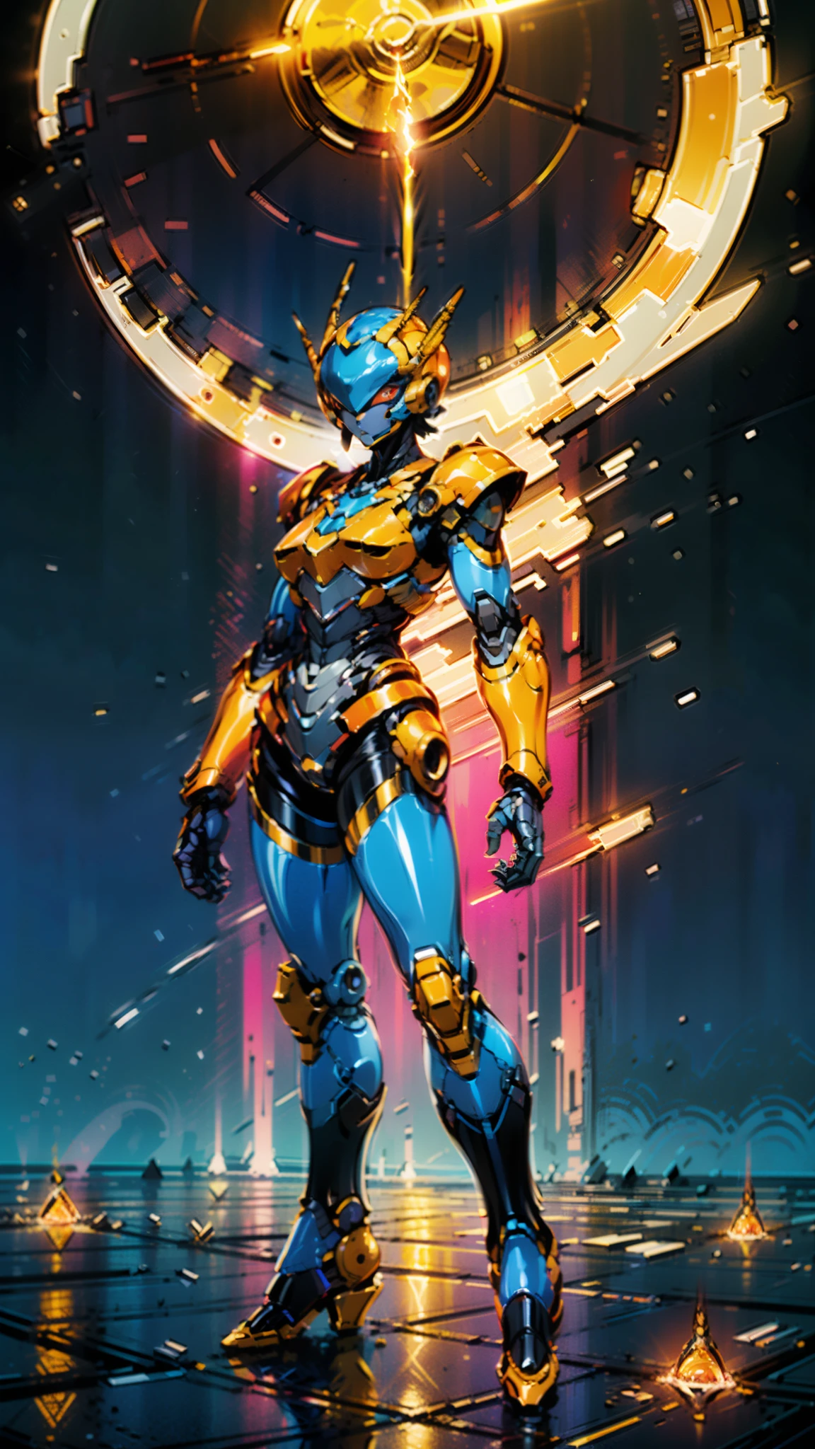 A woman adorned in fantasy-style full-body armor, a crown-concept fully enclosed helmet that unveils only her eyes, a composite layered chest plate, fully encompassing shoulder and hand guards, a lightweight waist armor, form-fitting shin guards, the overall design is heavy-duty yet flexible, ((the armor gleams with a golden glow, complemented by red and blue accents)), exhibiting a noble aura, she floats above a fantasy-surreal high-tech city, this character embodies a finely crafted fantasy-surreal style armored hero in anime style, exquisite and mature manga art style, (Queen bee mixed with Spider concept Armor, plasma, blood), ((Element, energy, elegant, goddess, femminine:1.5)), metallic, high definition, best quality, highres, ultra-detailed, ultra-fine painting, extremely delicate, professional, anatomically correct, symmetrical face, extremely detailed eyes and face, high quality eyes, creativity, RAW photo, UHD, 32k, Natural light, cinematic lighting, masterpiece-anatomy-perfect, masterpiece:1.5