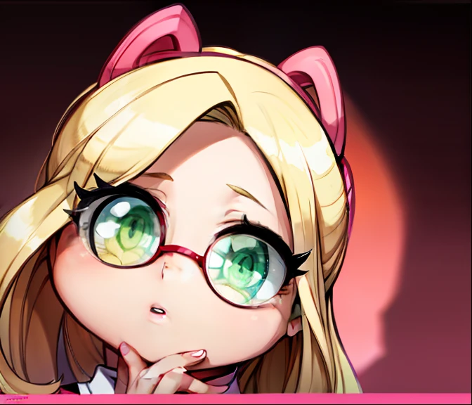 Blonde hair, pink pigtails, green eyes, long eyelashes,juicy lips, glasses, hands on face