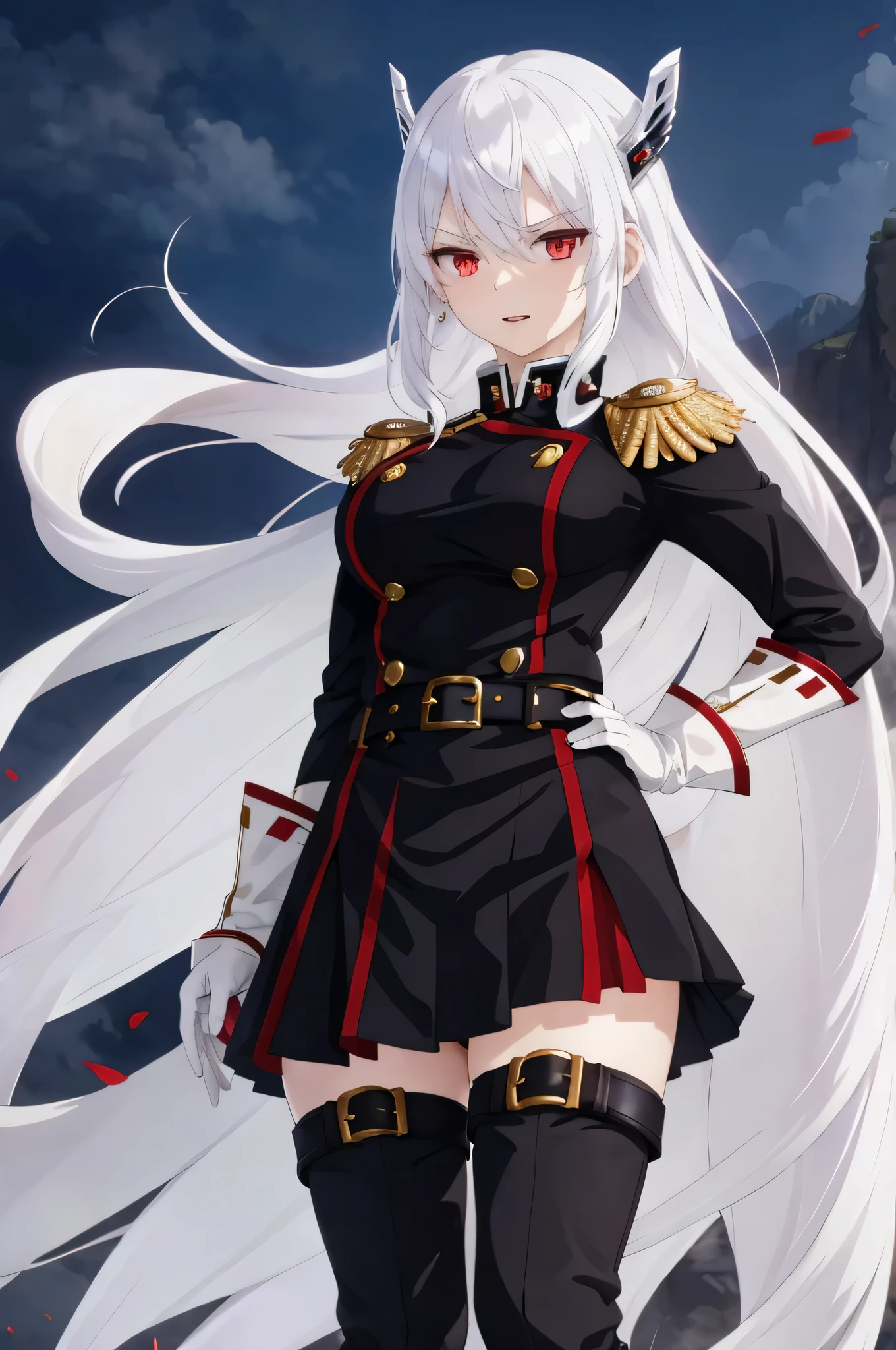 footstomp,white hair,red eyes,KyoukaUzen, hair ornament military uniform, white gloves, epaulettes, belt, pleated skirt, black skirt, thigh boots
