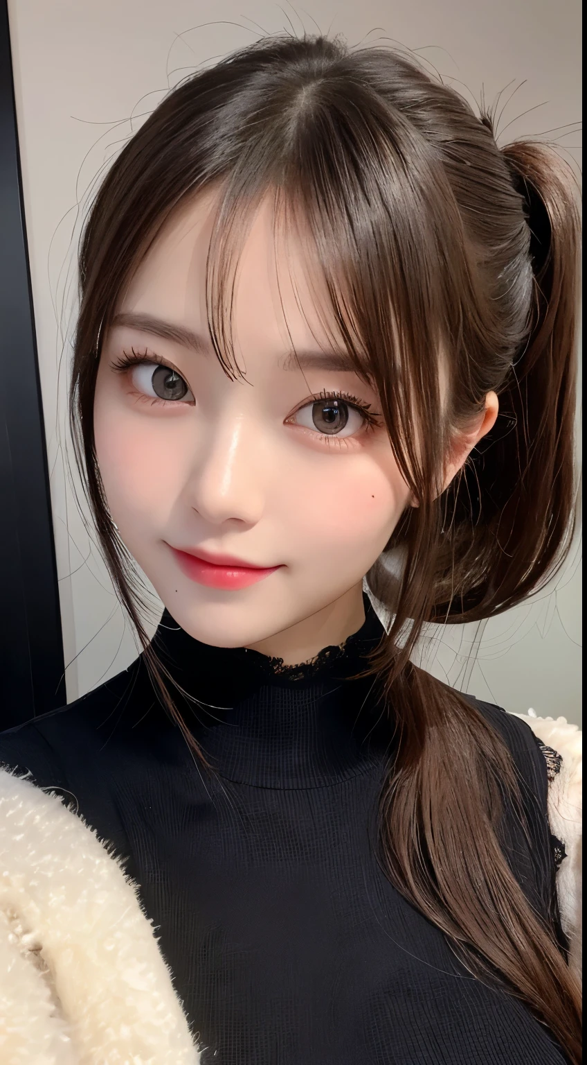 table top, highest quality, shape, Super detailed, finely, High resolution, 8k wallpaper, 完璧なダイナミックな構shape, beautiful and detailed eyes, medium hair, small breasts, natural color lip, random sexy pose,smile,20 year old girl、midnight、beautiful and detailed face、perfect and beautiful face,Big eyes、RAW photo、Expressing feminine poses with your whole body、beautiful and detailed eyes、small face、beautiful duplex、slim face and style,luxury brand mink coat(internal:black winter dress)、beautiful golden ratio face,twin ponytail hair
