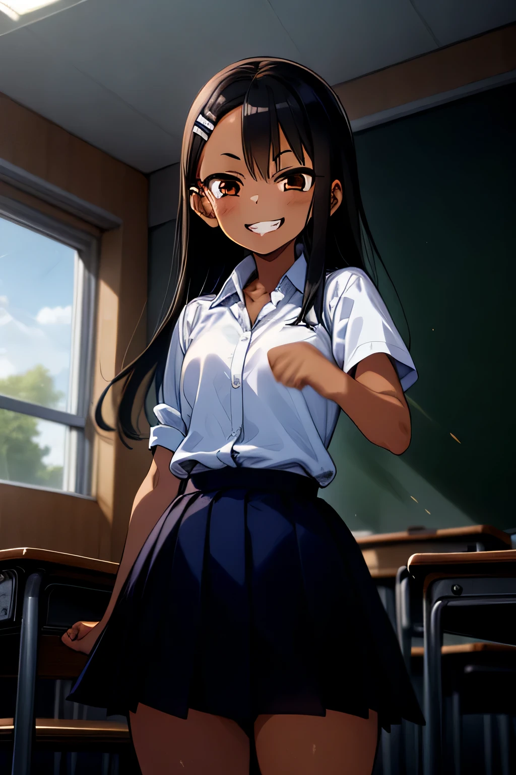 1girl, cowboy shot, grin, classroom, fighting stance, 
nagatoro_hayase, brown eyes, black hair, long hair, dark skin, dark-skinned female, tan, tanlines, hairclip, school uniform, white shirt, collared shirt, pleated skirt, best quality, masterpiece, highres, 