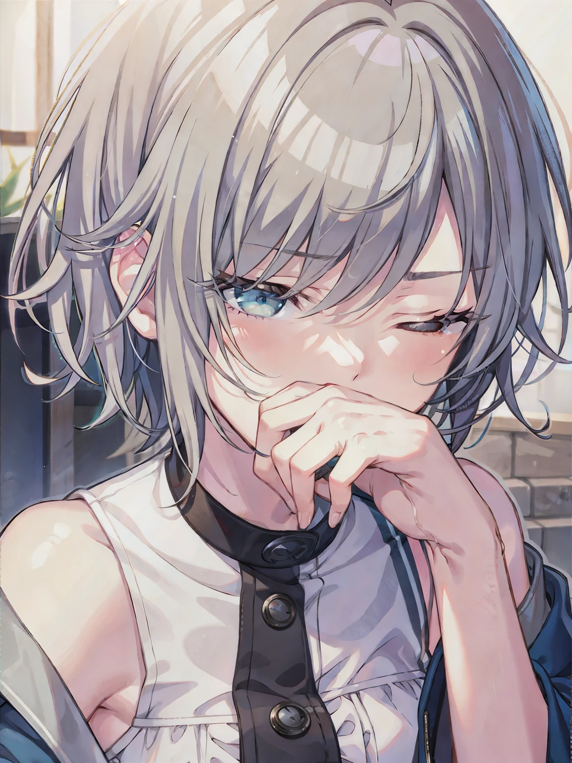 (masterpiece), short hair, grey hair, small breasts, hinomori shiho, tomboy, shiho_h, ((((The girl covers her face with her palm to avoid smelling the smell.)))) , 1girl ,covering face with hand,covering all face with hand,one eye closed, winking eye,half closed eye, wearing cloth, frownimg  eyebrow, (((Scene where a girl covers her nose with her hand))))
