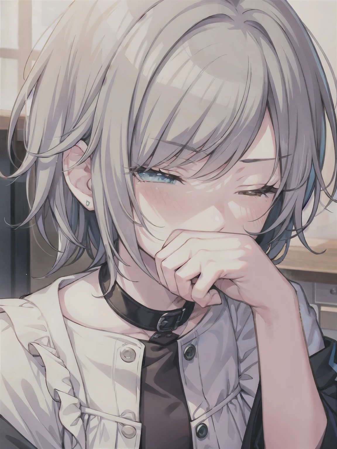 (masterpiece), short hair, grey hair, small breasts, hinomori shiho, tomboy, shiho_h, ((((The girl covers her face with her palm to avoid smelling the smell.)))) , 1girl ,covering face with hand,covering all face with hand,one eye closed, winking eye,half closed eye, wearing cloth, frownimg  eyebrow, (((Scene where a girl covers her nose with her hand))))
