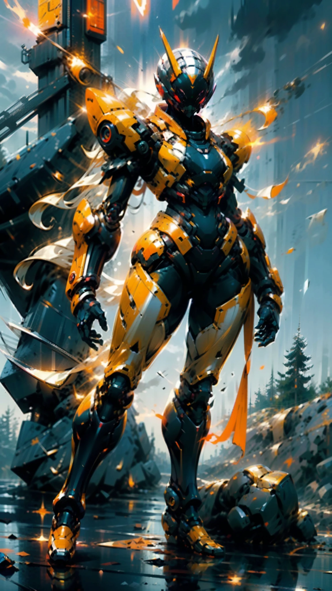 A woman adorned in fantasy-style full-body armor, a crown-concept fully enclosed helmet that unveils only her eyes, a composite layered chest plate, fully encompassing shoulder and hand guards, a lightweight waist armor, form-fitting shin guards, the overall design is heavy-duty yet flexible, ((the armor gleams with a golden glow, complemented by red and blue accents)), exhibiting a noble aura, she floats above a fantasy-surreal high-tech city, this character embodies a finely crafted fantasy-surreal style armored hero in anime style, exquisite and mature manga art style, (Queen bee mixed with Spider concept Armor, plasma, blood), ((Element, energy, elegant, goddess, femminine:1.5)), metallic, high definition, best quality, highres, ultra-detailed, ultra-fine painting, extremely delicate, professional, anatomically correct, symmetrical face, extremely detailed eyes and face, high quality eyes, creativity, RAW photo, UHD, 32k, Natural light, cinematic lighting, masterpiece-anatomy-perfect, masterpiece:1.5