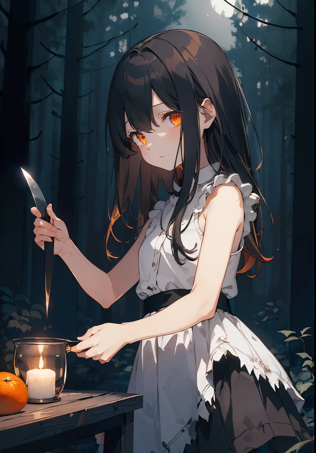 ((masterpiece, best quality)), (((grimdark))), wandering in the dark forest, girl, (((children))), 9 years old, darkness, wearing only a ruined white sleeveless nightshirt, long black hair, orange eyes, night, fantasy dark forest, horror, (((night forest background))), holding a knife and a knife