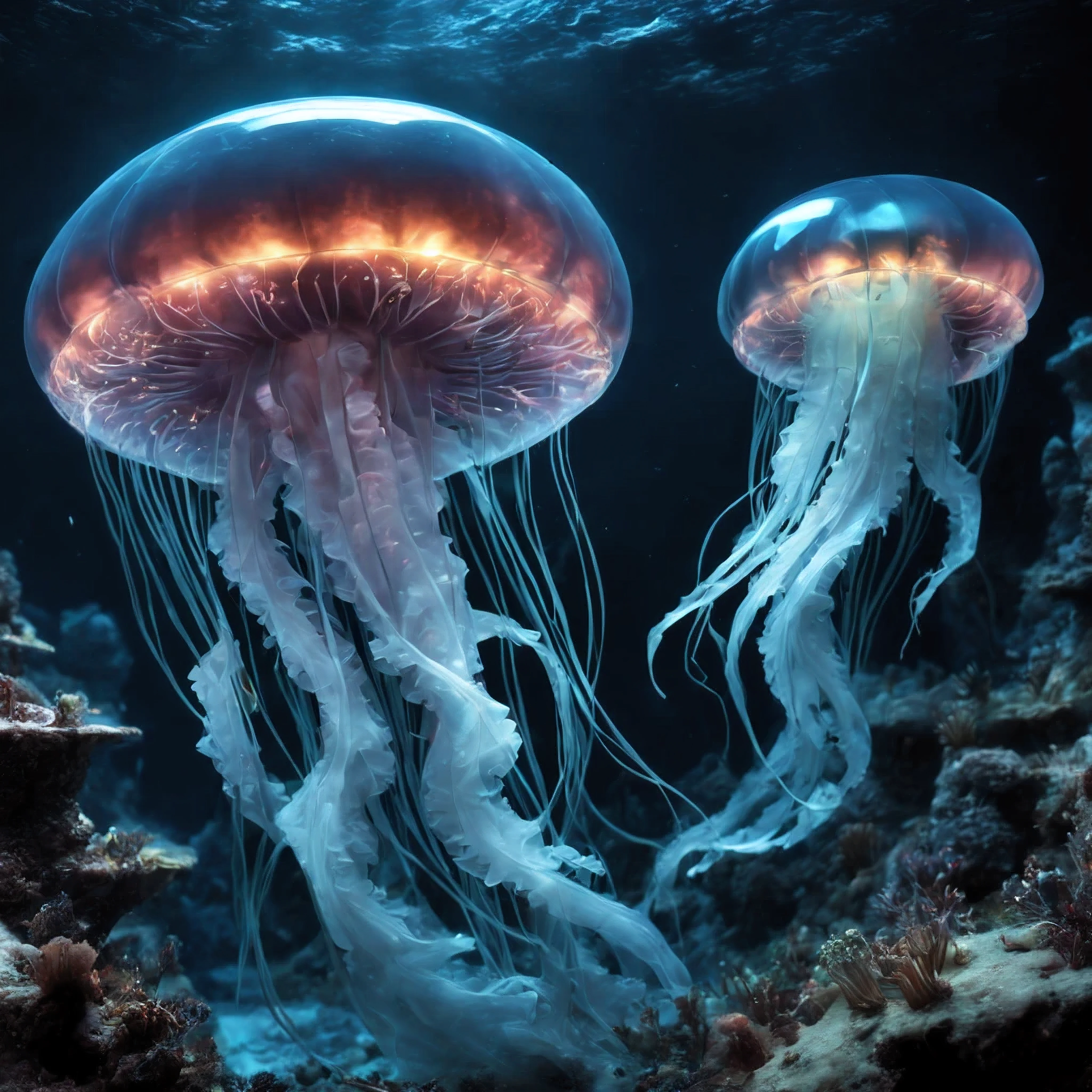 `(best quality,4k,8k,highres,masterpiece:1.2),ultra-detailed,(realistic,photorealistic,photo-realistic:1.37),mysterious scene,dark,bioluminescent jellyfish,surreal underwater world,deep sea,submerged,glowing creatures,ethereal beauty,otherworldly,marine life,waves of light,dark environment,dreamlike,fantastical,magical,glowing tentacles,luminous organisms,bottom of the sea,submerged rocks,bioluminescent algae,glow-in-the-dark spectacle,mesmerizing colors,breath-taking,silent darkness,enchanted,beauty of the abyss,hidden wonders,subaquatic landscape,serene,calm,life beneath the waves,dreamy,subtle glow,peaceful,serenity of the deep,mystical,unexplored depths,swirling currents,luminescent dance,tranquil,sublime,underwater mysteries,luminescent pulsations,deep-sea exploration,submersed beauty,subtle illumination,underwater dreamland,dark ocean depths,shimmering beauty,luminous creatures,hidden realm of the sea`.