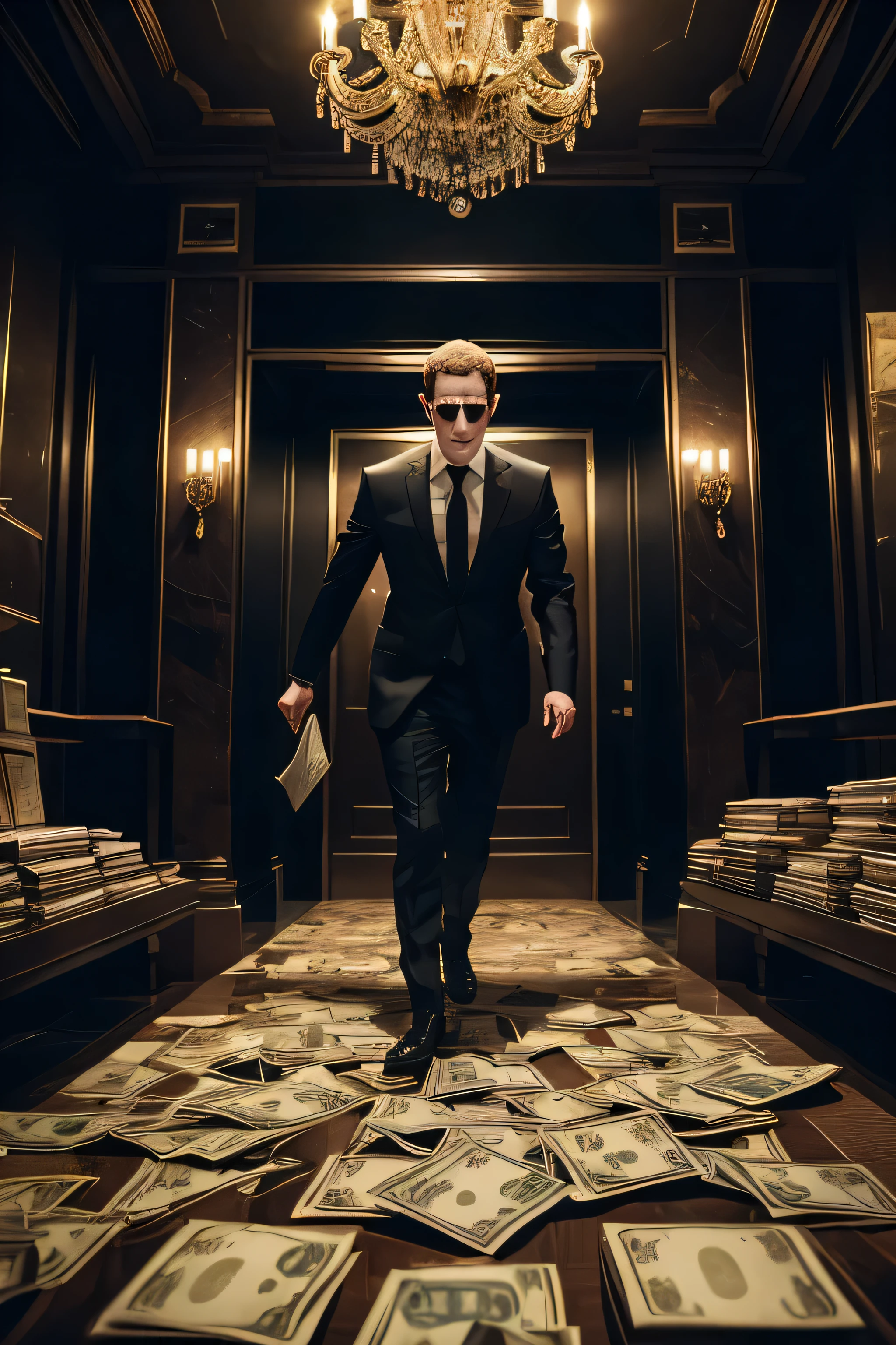 A diabolic scene of Mark Zuckerberg stealing money:
(best quality,4k,8k,highres,masterpiece:1.2),ultra-detailed,(realistic,photorealistic,photo-realistic:1.37),dark and suspenseful atmosphere,bank vault setting,Mark Zuckerberg in disguise wearing a black suit and a mask,cunning and malicious expression,swift and stealthy movements,stacks of cash being snatched from the vault,piles of gold bars and precious gems,nerve-wracking tension,security cameras capturing the act,elaborate escape plan,blinding spotlights illuminating the scene,shadows dancing on the walls,sinister soundtrack adding to the intensity,tense atmosphere filled with anticipation of being caught,masterful composition reminiscent of film noir,monochromatic color palette with pops of vibrant reds symbolizing danger and deceit,meticulously rendered textures conveying the richness of the bank's interior,impeccable attention to detail showcasing every crease of the stolen bills and the gleam of the precious metals,stunning realism from the intricate patterns on the banknotes to the reflection of light on the jewels,to create a gripping and visually captivating depiction of the diabolical act of Mark Zuckerberg stealing money.