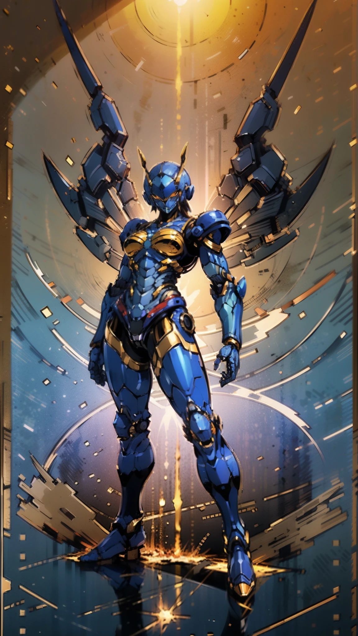 A woman adorned in fantasy-style full-body armor, a crown-concept fully enclosed helmet that unveils only her eyes, a composite layered chest plate, fully encompassing shoulder and hand guards, a lightweight waist armor, form-fitting shin guards, the overall design is heavy-duty yet flexible, ((the armor gleams with a golden glow, complemented by red and blue accents)), exhibiting a noble aura, she floats above a fantasy-surreal high-tech city, this character embodies a finely crafted fantasy-surreal style armored hero in anime style, exquisite and mature manga art style, (Queen bee mixed with Spider concept Armor, plasma, blood), ((Element, energy, elegant, goddess, femminine:1.5)), metallic, high definition, best quality, highres, ultra-detailed, ultra-fine painting, extremely delicate, professional, anatomically correct, symmetrical face, extremely detailed eyes and face, high quality eyes, creativity, RAW photo, UHD, 32k, Natural light, cinematic lighting, masterpiece-anatomy-perfect, masterpiece:1.5