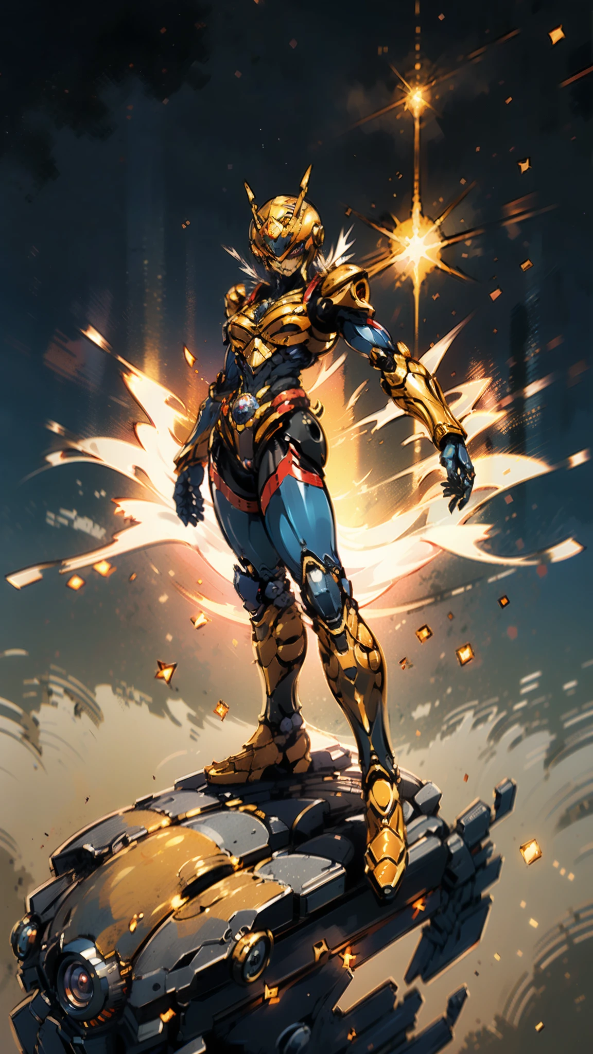 A woman adorned in fantasy-style full-body armor, a crown-concept fully enclosed helmet that unveils only her eyes, a composite layered chest plate, fully encompassing shoulder and hand guards, a lightweight waist armor, form-fitting shin guards, the overall design is heavy-duty yet flexible, ((the armor gleams with a golden glow, complemented by red and blue accents)), exhibiting a noble aura, she floats above a fantasy-surreal high-tech city, this character embodies a finely crafted fantasy-surreal style armored hero in anime style, exquisite and mature manga art style, (Queen bee mixed with Spider concept Armor, plasma, blood), ((Element, energy, elegant, goddess, femminine:1.5)), metallic, high definition, best quality, highres, ultra-detailed, ultra-fine painting, extremely delicate, professional, anatomically correct, symmetrical face, extremely detailed eyes and face, high quality eyes, creativity, RAW photo, UHD, 32k, Natural light, cinematic lighting, masterpiece-anatomy-perfect, masterpiece:1.5