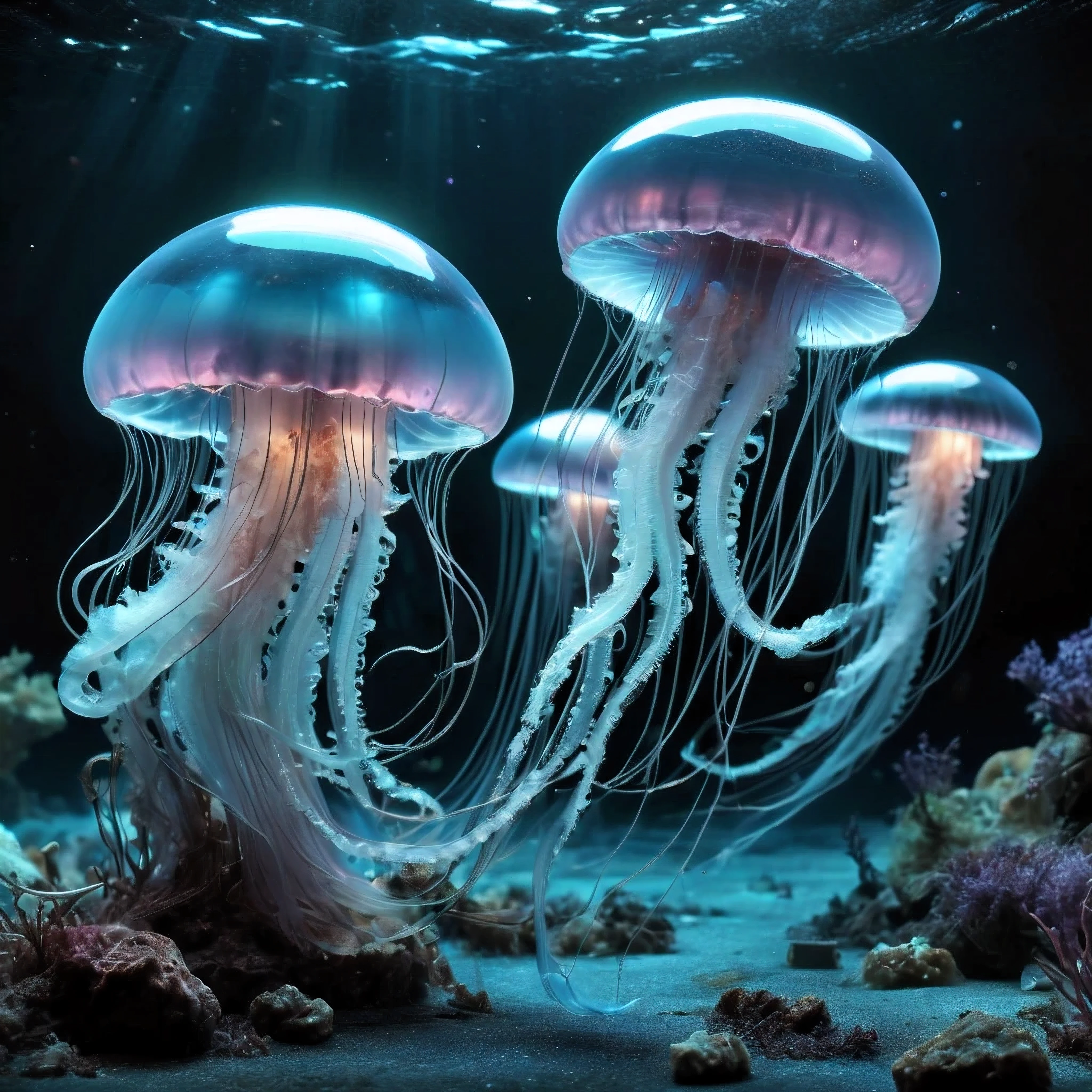 `(best quality,4k,8k,highres,masterpiece:1.2),ultra-detailed,(realistic,photorealistic,photo-realistic:1.37),mysterious scene,dark,bioluminescent jellyfish,surreal underwater world,deep sea,submerged,glowing creatures,ethereal beauty,otherworldly,marine life,waves of light,dark environment,dreamlike,fantastical,magical,glowing tentacles,luminous organisms,bottom of the sea,submerged rocks,bioluminescent algae,glow-in-the-dark spectacle,mesmerizing colors,breath-taking,silent darkness,enchanted,beauty of the abyss,hidden wonders,subaquatic landscape,serene,calm,life beneath the waves,dreamy,subtle glow,peaceful,serenity of the deep,mystical,unexplored depths,swirling currents,luminescent dance,tranquil,sublime,underwater mysteries,luminescent pulsations,deep-sea exploration,submersed beauty,subtle illumination,underwater dreamland,dark ocean depths,shimmering beauty,luminous creatures,hidden realm of the sea`.