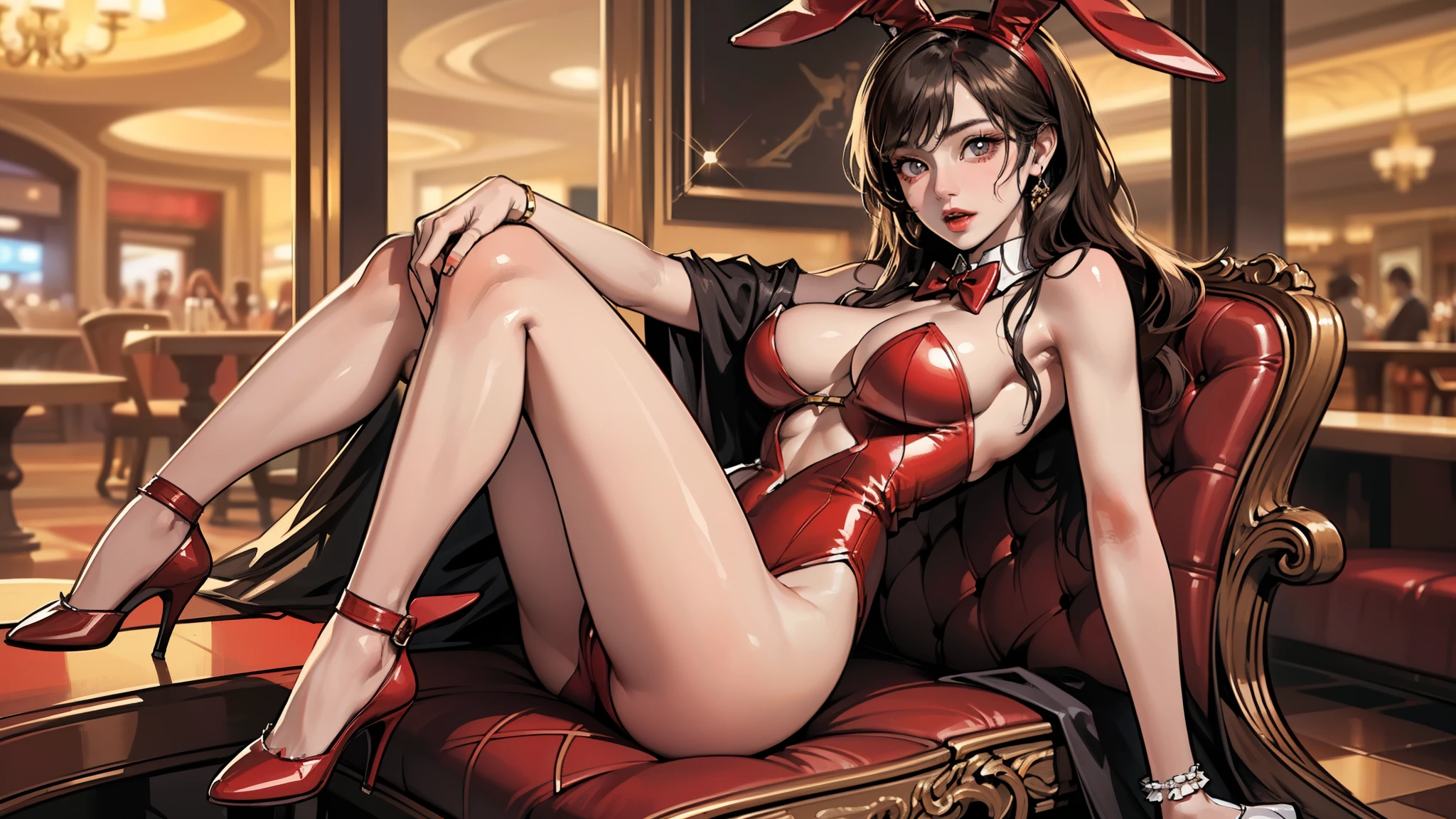 1girl, solo, (a beautiful woman wearing bunny outfit in the casino:1.2),camel toe, beautiful figure, shiny skin, Ultra-detailed face, Detailed eyes, lustrous lips ,Slender Abs, skinny physique, medium-short dark brown hair, (best quality, masterpiece, ultra high res :1.3),(photorealistic:1.4), (((tmasterpiece),(Very detailed CG unity 8K wallpaper),best qualtiy,cinmatic lighting,detailed back ground,beatiful detailed eyes,Bright pupils,(Very fine and beautiful),(Beautiful and detailed eye description),ultra - detailed,tmasterpiece,)),facing at camera,(Full body photo),Show shoes,A high resolution,ultra - detailed),revealing breasts, Bulge,legs are open,Raised sexy,Flushed complexion,Open-mouthed,frontage,full body,