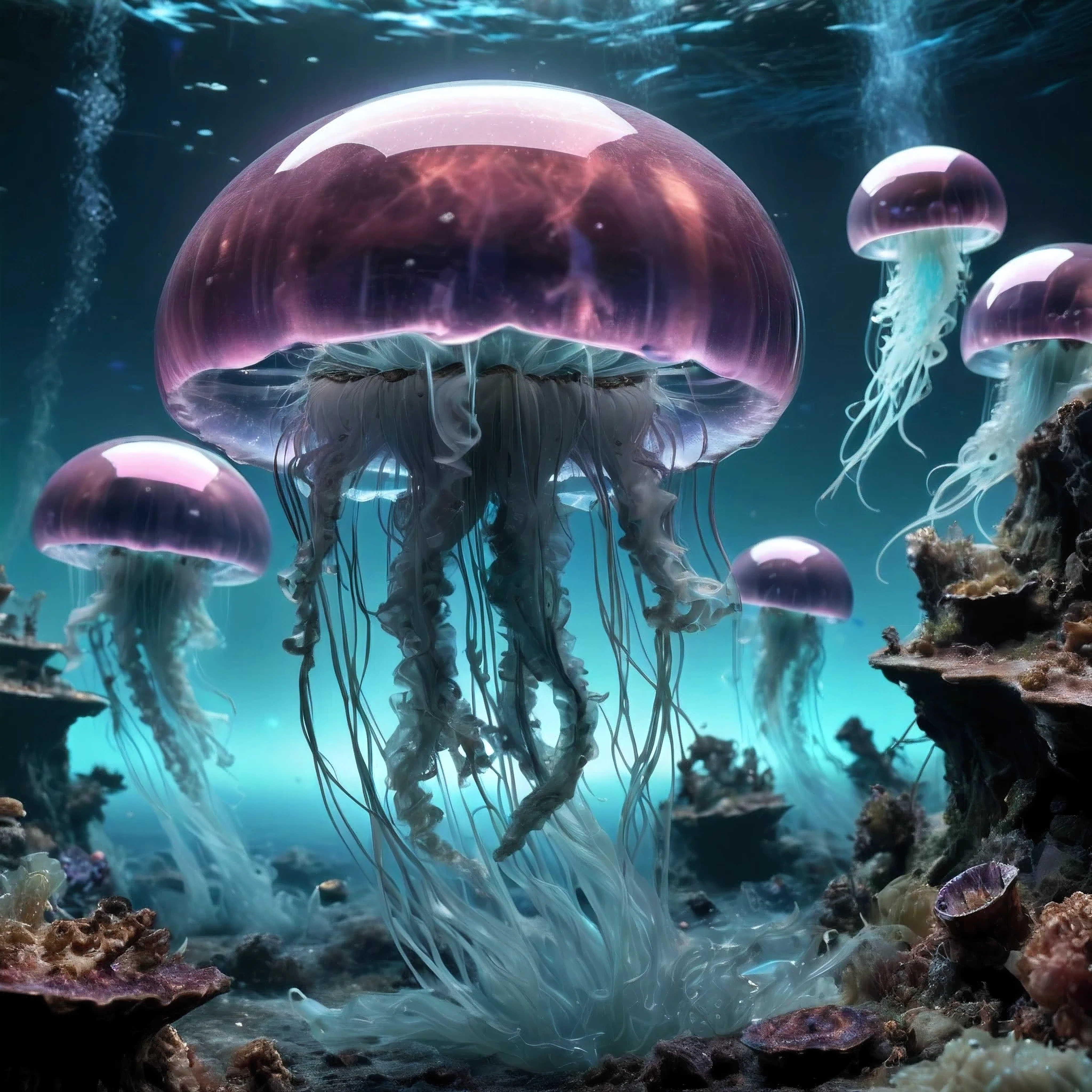 `(best quality,4k,8k,highres,masterpiece:1.2),ultra-detailed,(realistic,photorealistic,photo-realistic:1.37),mysterious scene,dark,bioluminescent jellyfish,surreal underwater world,deep sea,submerged,glowing creatures,ethereal beauty,otherworldly,marine life,waves of light,dark environment,dreamlike,fantastical,magical,glowing tentacles,luminous organisms,bottom of the sea,submerged rocks,bioluminescent algae,glow-in-the-dark spectacle,mesmerizing colors,breath-taking,silent darkness,enchanted,beauty of the abyss,hidden wonders,subaquatic landscape,serene,calm,life beneath the waves,dreamy,subtle glow,peaceful,serenity of the deep,mystical,unexplored depths,swirling currents,luminescent dance,tranquil,sublime,underwater mysteries,luminescent pulsations,deep-sea exploration,submersed beauty,subtle illumination,underwater dreamland,dark ocean depths,shimmering beauty,luminous creatures,hidden realm of the sea`.