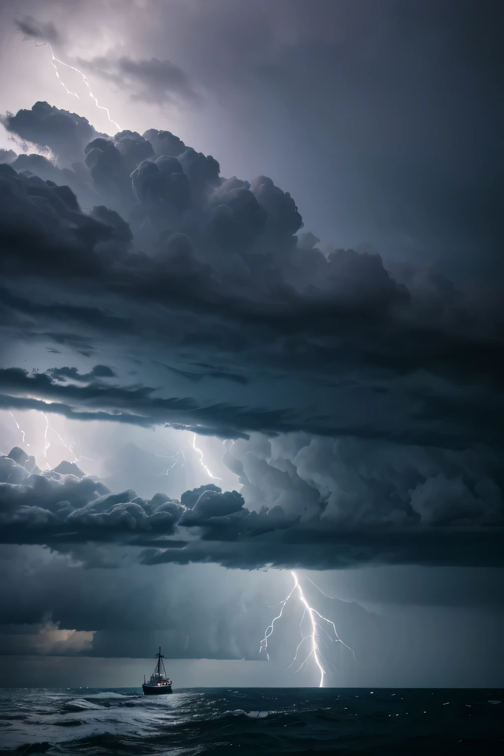 Ultra realistic high resolution photograph of a serene sailor sitting peacefully in his small bark on a tranquil blue sea under a clear sunny sky, the calm waves gently rock the vessel. In the distance, towering dark storm clouds have started to roll in ominously from the horizon. Broad strokes of lightning can be seen flashing within the brewing clouds. The sky is taking on an eerie emerald hue as the clouds build up dangerously. A cool sea breeze has picked up, causing the sailors coat and hair to rustle slightly in the wind. The first fat raindrops have begun to fall with more urgency. In the shadows of the encroaching storms darkness, the sailors face and clothing have exquisite real world texture and detail captured by a high megapixel camera. Naturalistic lighting brings out intricate subtle shadows across his peaceful sleeping figure. The worn wooden planks of the bark are wet from the coming deluge. In the background the massive storm looms large, its power and ferocity apparent. A palpable sense of tension and impending drama hangs heavy in the ominous sky. No digital filters or alterations, just a pure photographic document of nature's awesome displays of weather in motion. Captured with pin sharp focus on all elements in an artistic candid style.
