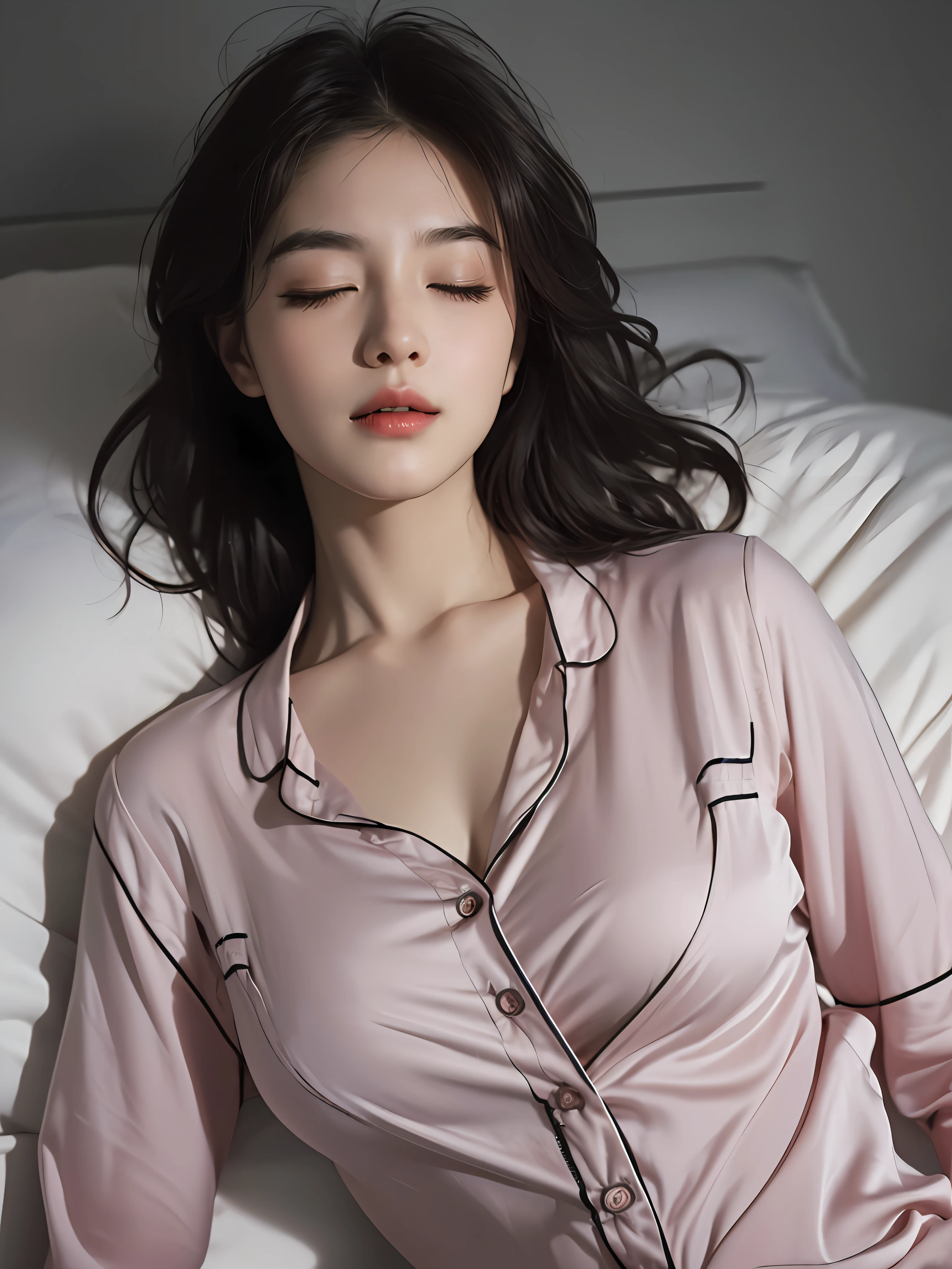 8k, Best quality, masterpiece, ultra high res, (photorealistic:1.7), raw photo, 1girl, in the dark, deep shadow, low key, cold light, extremely beautiful face, messy hair, silk pajamas, eyes closed, sleeping relaxed, laying on bed, mouth slightly open a little, bit jaw slightly up, full body, climax