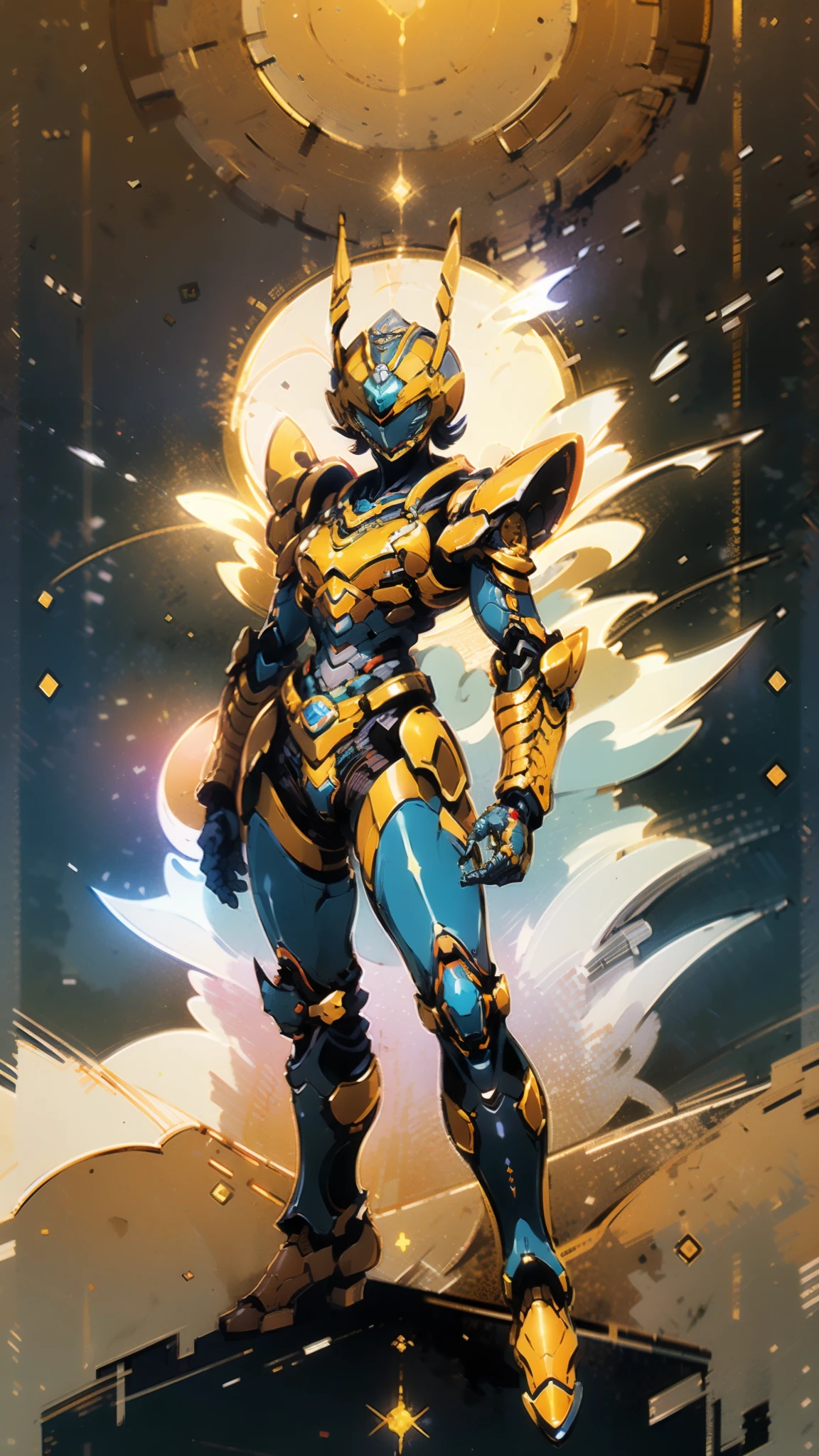 A woman adorned in fantasy-style full-body armor, a crown-concept fully enclosed helmet that unveils only her eyes, a composite layered chest plate, fully encompassing shoulder and hand guards, a lightweight waist armor, form-fitting shin guards, the overall design is heavy-duty yet flexible, ((the armor gleams with a golden glow, complemented by red and blue accents)), exhibiting a noble aura, she floats above a fantasy-surreal high-tech city, this character embodies a finely crafted fantasy-surreal style armored hero in anime style, exquisite and mature manga art style, (Queen bee mixed with Spider concept Armor, plasma, blood), ((Element, energy, elegant, goddess, femminine:1.5)), metallic, high definition, best quality, highres, ultra-detailed, ultra-fine painting, extremely delicate, professional, anatomically correct, symmetrical face, extremely detailed eyes and face, high quality eyes, creativity, RAW photo, UHD, 32k, Natural light, cinematic lighting, masterpiece-anatomy-perfect, masterpiece:1.5