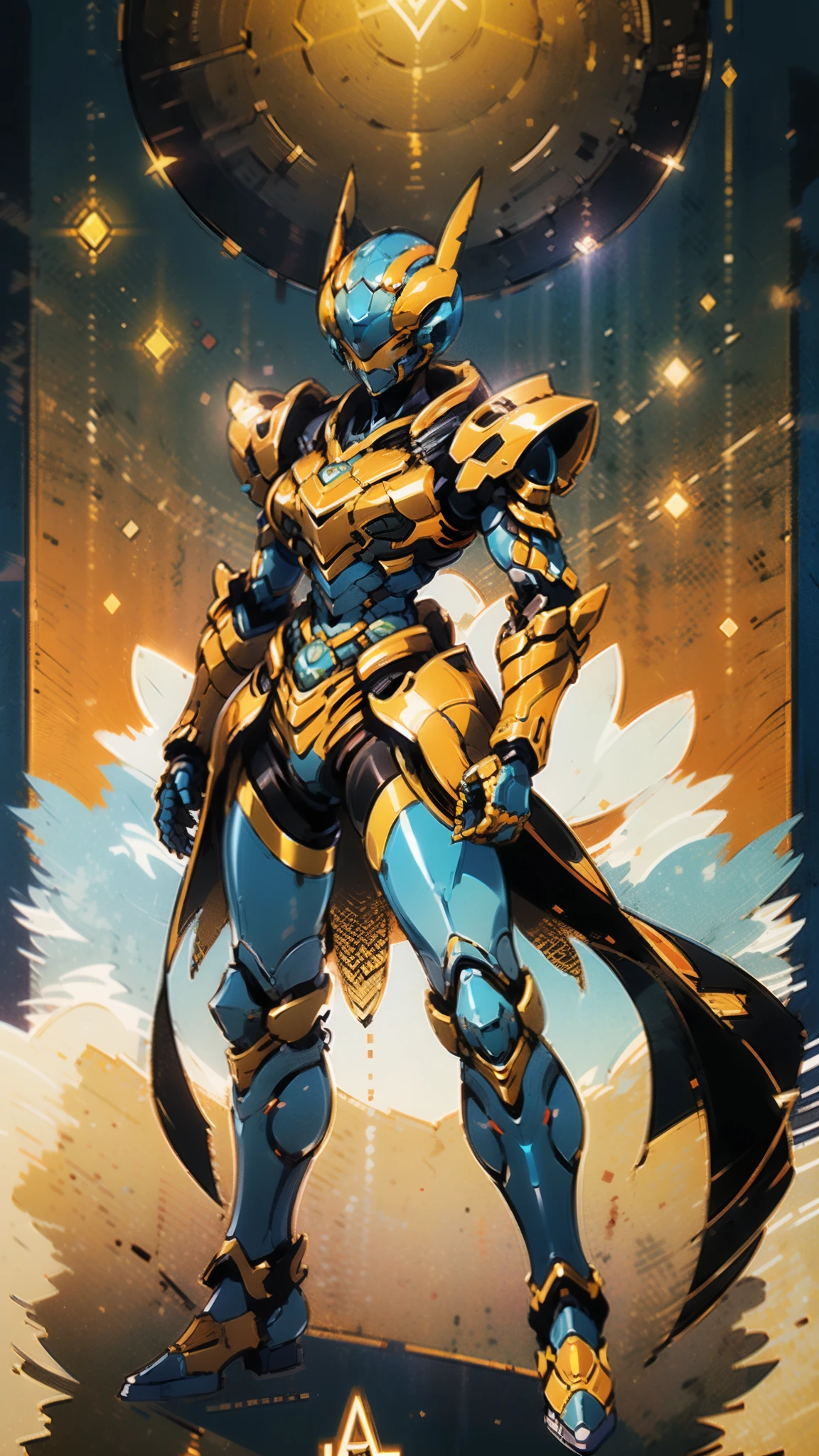 A woman adorned in fantasy-style full-body armor, a crown-concept fully enclosed helmet that unveils only her eyes, a composite layered chest plate, fully encompassing shoulder and hand guards, a lightweight waist armor, form-fitting shin guards, the overall design is heavy-duty yet flexible, ((the armor gleams with a golden glow, complemented by red and blue accents)), exhibiting a noble aura, she floats above a fantasy-surreal high-tech city, this character embodies a finely crafted fantasy-surreal style armored hero in anime style, exquisite and mature manga art style, (Queen bee mixed with Spider concept Armor, plasma, blood), ((Element, energy, elegant, goddess, femminine:1.5)), metallic, high definition, best quality, highres, ultra-detailed, ultra-fine painting, extremely delicate, professional, anatomically correct, symmetrical face, extremely detailed eyes and face, high quality eyes, creativity, RAW photo, UHD, 32k, Natural light, cinematic lighting, masterpiece-anatomy-perfect, masterpiece:1.5