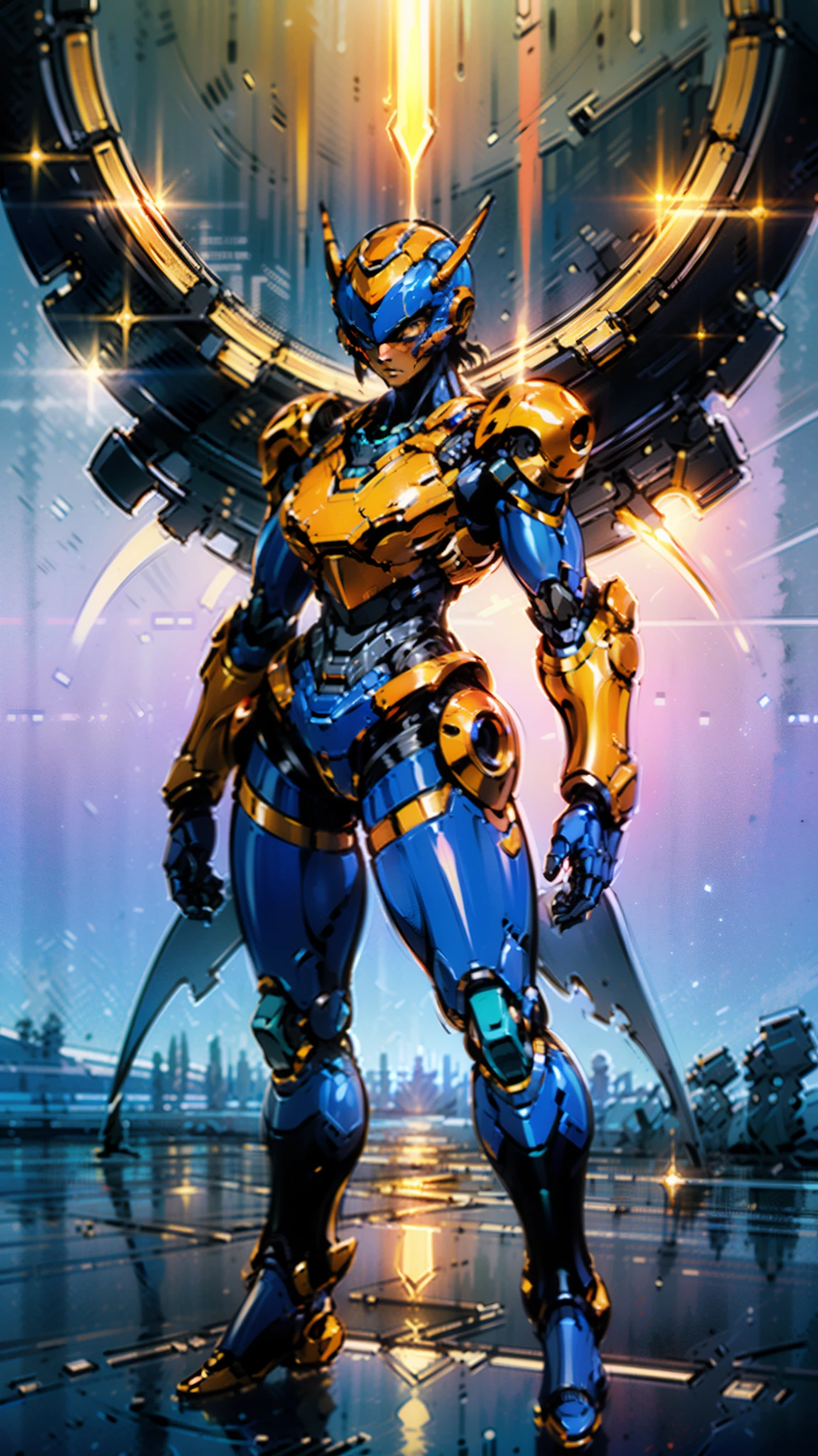 A woman adorned in fantasy-style full-body armor, a crown-concept fully enclosed helmet that unveils only her eyes, a composite layered chest plate, fully encompassing shoulder and hand guards, a lightweight waist armor, form-fitting shin guards, the overall design is heavy-duty yet flexible, ((the armor gleams with a golden glow, complemented by red and blue accents)), exhibiting a noble aura, she floats above a fantasy-surreal high-tech city, this character embodies a finely crafted fantasy-surreal style armored hero in anime style, exquisite and mature manga art style, (Queen bee mixed with Spider concept Armor, plasma, blood), ((Element, energy, elegant, goddess, femminine:1.5)), metallic, high definition, best quality, highres, ultra-detailed, ultra-fine painting, extremely delicate, professional, anatomically correct, symmetrical face, extremely detailed eyes and face, high quality eyes, creativity, RAW photo, UHD, 32k, Natural light, cinematic lighting, masterpiece-anatomy-perfect, masterpiece:1.5