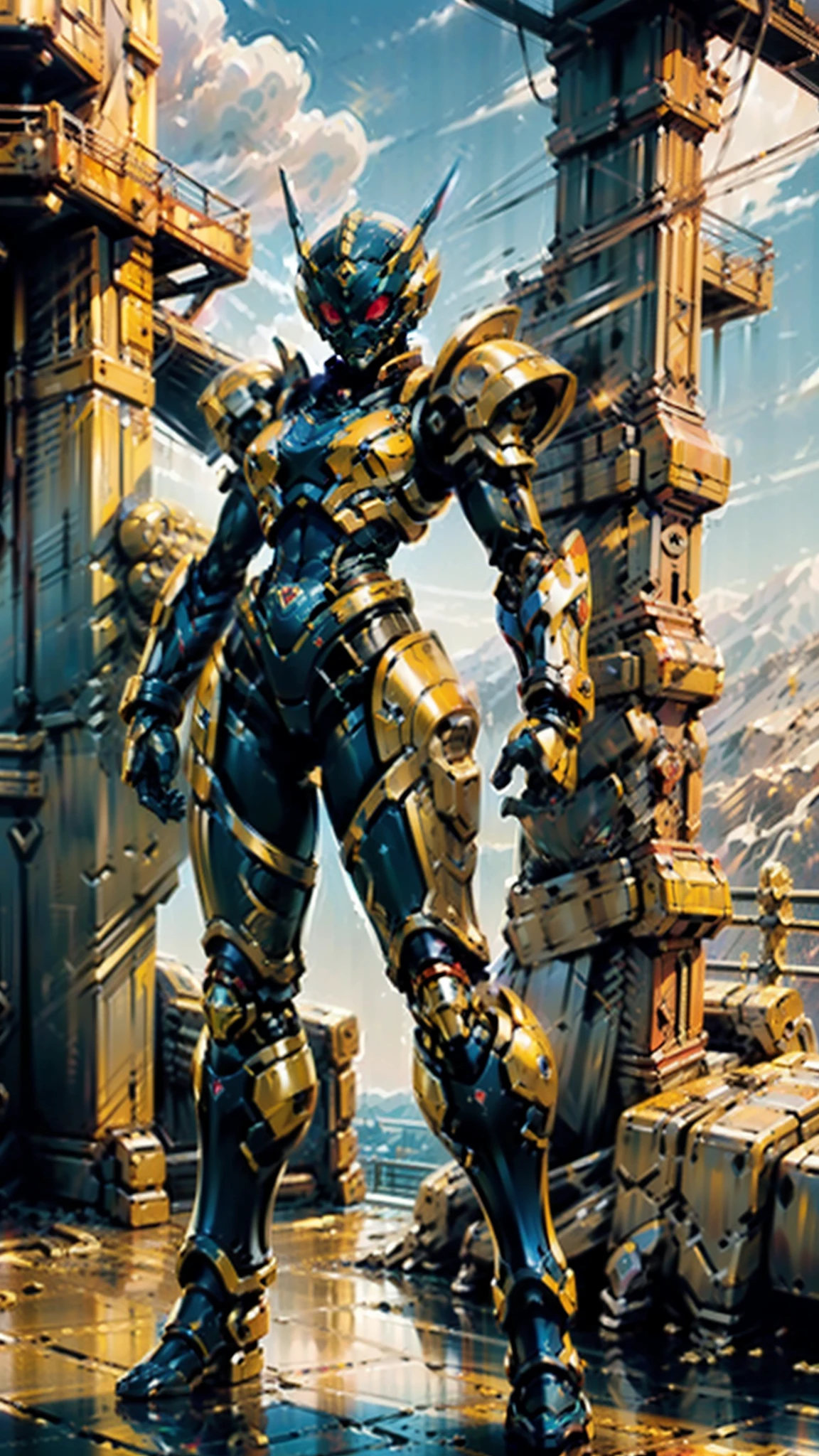 A woman adorned in fantasy-style full-body armor, a crown-concept fully enclosed helmet that unveils only her eyes, a composite layered chest plate, fully encompassing shoulder and hand guards, a lightweight waist armor, form-fitting shin guards, the overall design is heavy-duty yet flexible, ((the armor gleams with a golden glow, complemented by red and blue accents)), exhibiting a noble aura, she floats above a fantasy-surreal high-tech city, this character embodies a finely crafted fantasy-surreal style armored hero in anime style, exquisite and mature manga art style, (Queen bee mixed with Spider concept Armor, plasma, blood), ((Element, energy, elegant, goddess, femminine:1.5)), metallic, high definition, best quality, highres, ultra-detailed, ultra-fine painting, extremely delicate, professional, anatomically correct, symmetrical face, extremely detailed eyes and face, high quality eyes, creativity, RAW photo, UHD, 32k, Natural light, cinematic lighting, masterpiece-anatomy-perfect, masterpiece:1.5