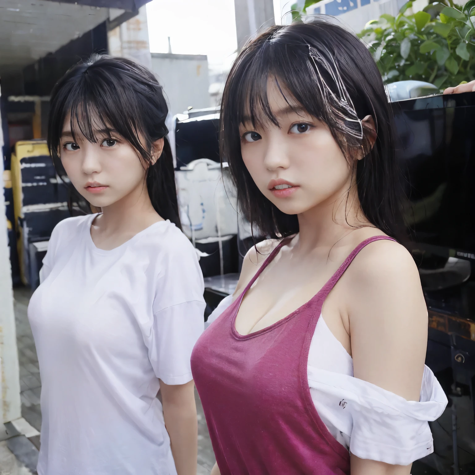 ((Japanese people々, perfect beautiful twin sisters, )), dressed, (photo genuine: 1.4), (hypergenuineistic: 1.4), (genuine: 1.3),
(smoother lighting: 1.05), (映画の照明Improvement of quality: 0.9), 32K, with backlight, face light, Glossy skin, (brighten the light: 1.2), (Improvement of quality: 1.4),
(top quality genuine texture skin), fine eyes, detailed face,
(tired, sleepy and satisfied: 0.0), T-shirt