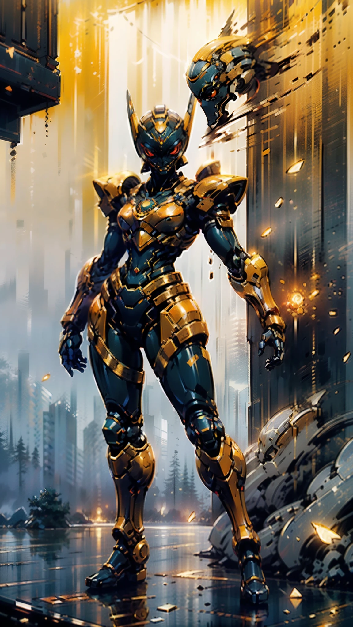 A woman adorned in fantasy-style full-body armor, a crown-concept fully enclosed helmet that unveils only her eyes, a composite layered chest plate, fully encompassing shoulder and hand guards, a lightweight waist armor, form-fitting shin guards, the overall design is heavy-duty yet flexible, ((the armor gleams with a golden glow, complemented by red and blue accents)), exhibiting a noble aura, she floats above a fantasy-surreal high-tech city, this character embodies a finely crafted fantasy-surreal style armored hero in anime style, exquisite and mature manga art style, (Queen bee mixed with Spider concept Armor, plasma, blood), ((Element, energy, elegant, goddess, femminine:1.5)), metallic, high definition, best quality, highres, ultra-detailed, ultra-fine painting, extremely delicate, professional, anatomically correct, symmetrical face, extremely detailed eyes and face, high quality eyes, creativity, RAW photo, UHD, 32k, Natural light, cinematic lighting, masterpiece-anatomy-perfect, masterpiece:1.5