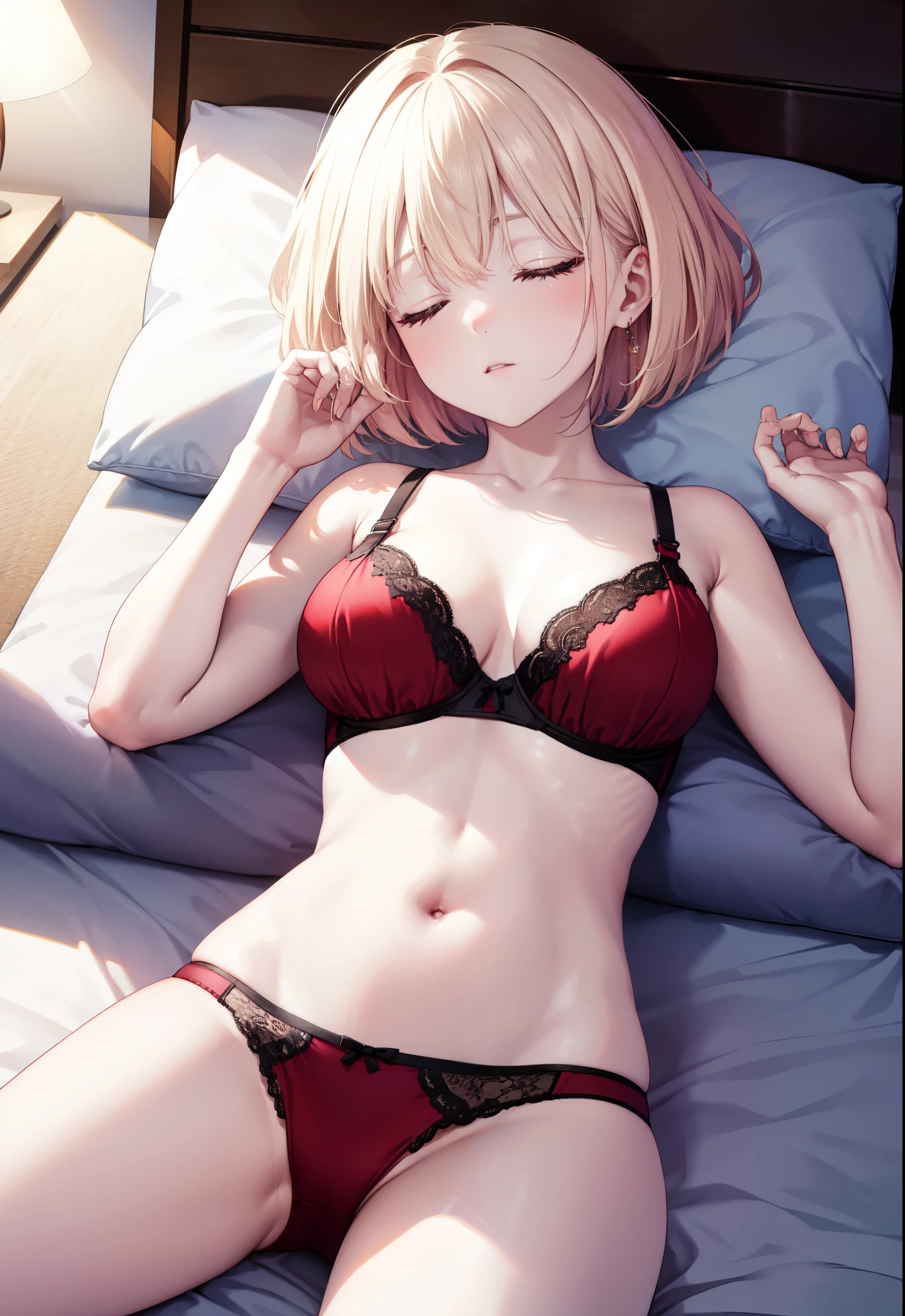 chisatonishikigi, nishikigi chisato, short hair, bangs, Unkempt blonde hair, one side up, bob cut,Sleeping on the sofa with both eyes closed,red bra,red underwear,barefoot,lying down on the sofa and sleeping,sleep with your head on the pillow,
break ibdoors, room,
break (masterpiece:1.2), highest quality, High resolution, unity 8k wallpaper, (figure:0.8), highly detailed face, perfect lighting, Very detailed CG, (perfect hands, perfect anatomy),