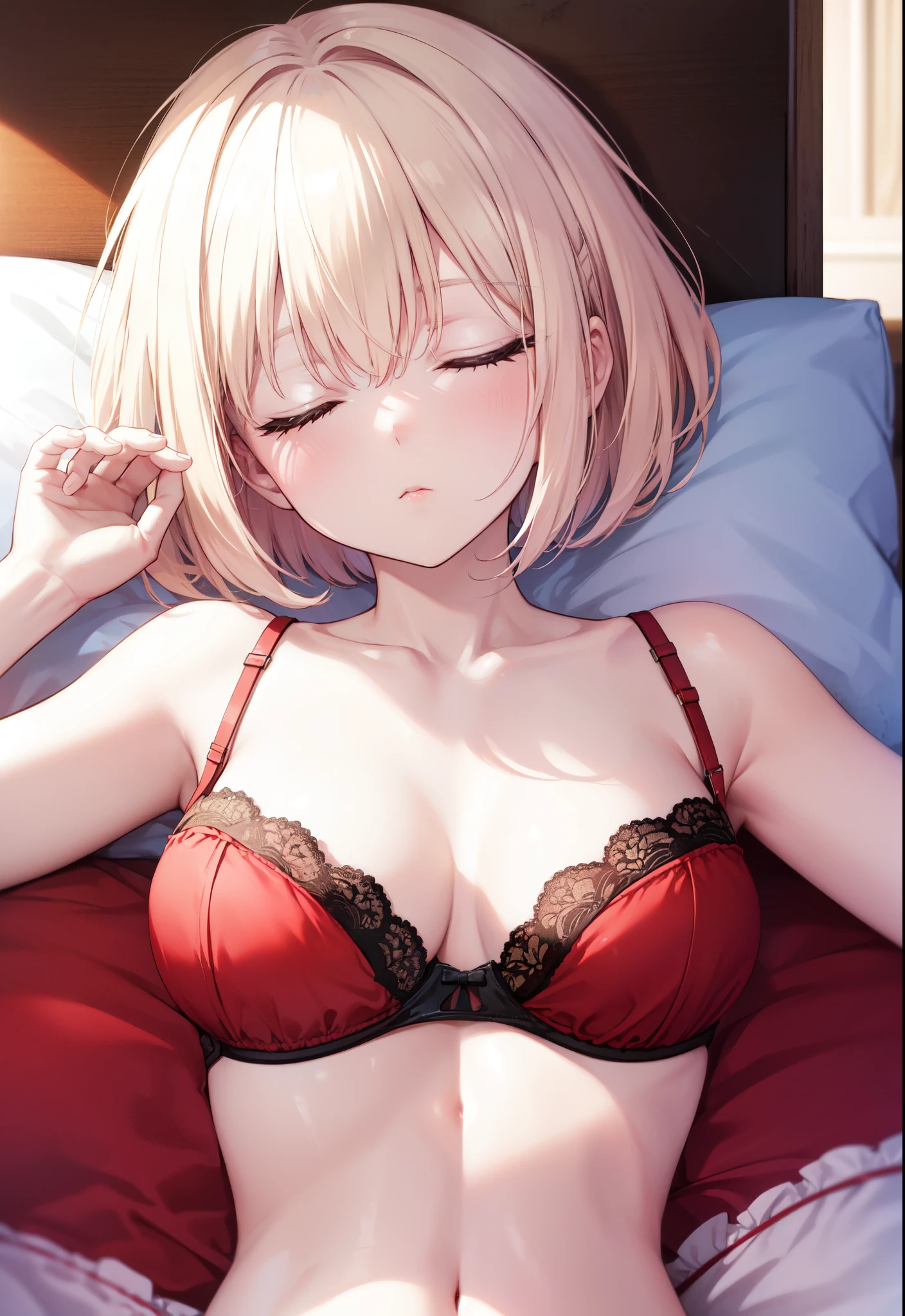 chisatonishikigi, nishikigi chisato, short hair, bangs, Unkempt blonde hair, one side up, bob cut,Sleeping on the sofa with both eyes closed,red bra,red underwear,barefoot,lying down on the sofa and sleeping,sleep with your head on the pillow,
break ibdoors, room,
break (masterpiece:1.2), highest quality, High resolution, unity 8k wallpaper, (figure:0.8), highly detailed face, perfect lighting, Very detailed CG, (perfect hands, perfect anatomy),